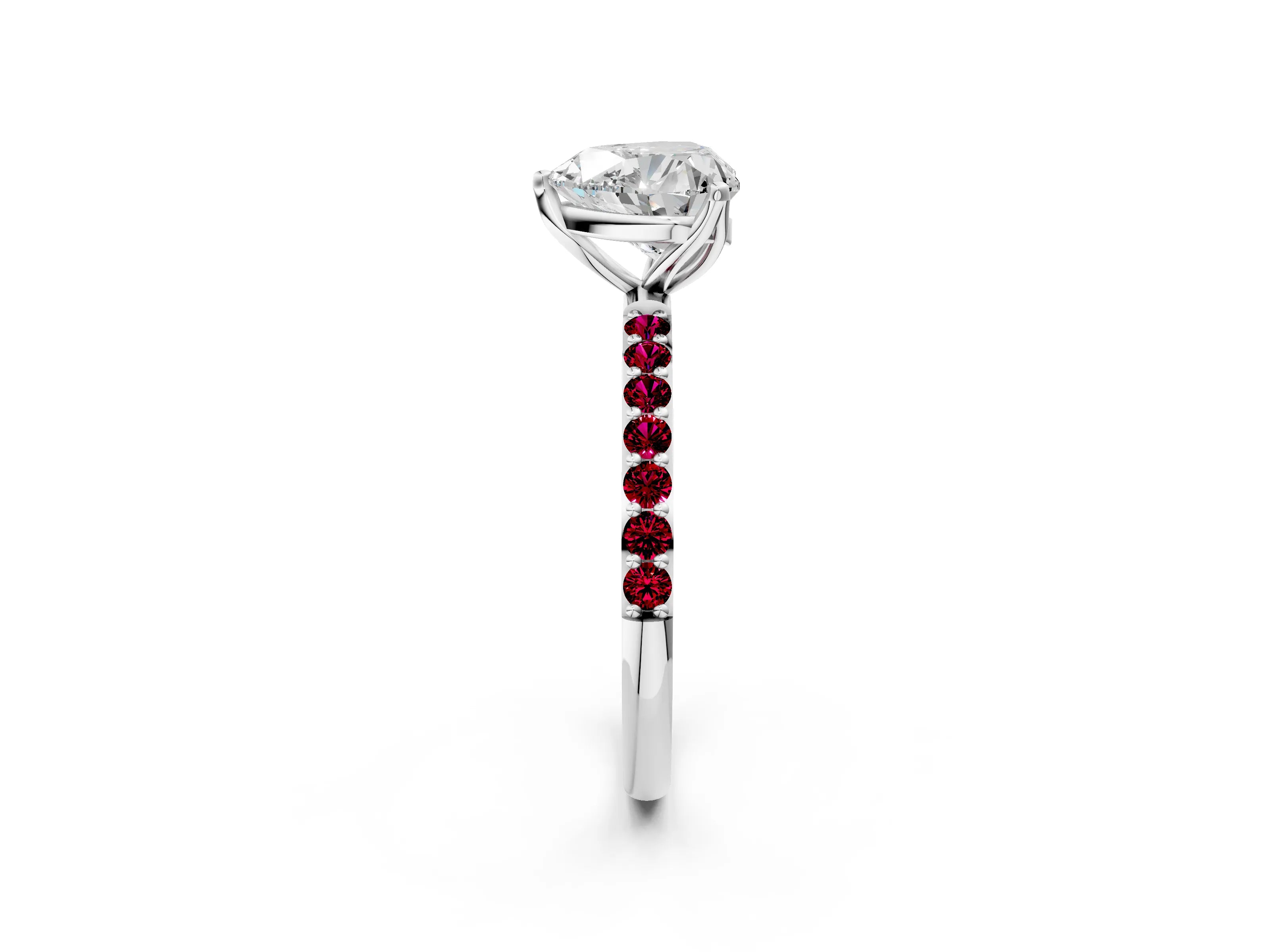 White gold Heart Cut Diamond Solitaire Engagement Ring with Round with Garnet side stone Pavé Band and Prong Setting_14
