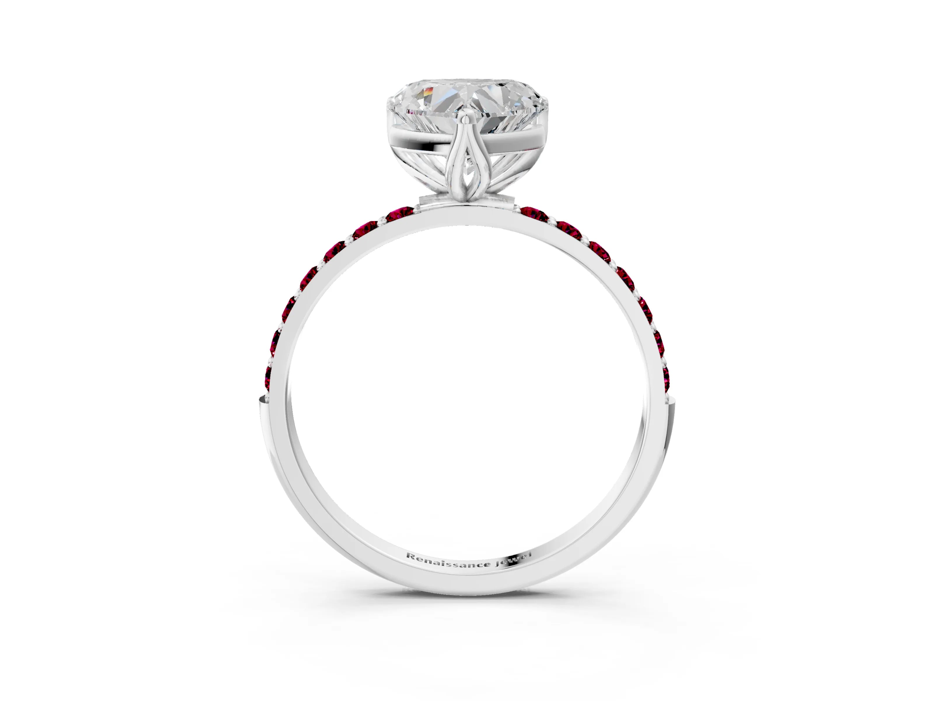 White gold Heart Cut Diamond Solitaire Engagement Ring with Round with Garnet side stone Pavé Band and Prong Setting_15