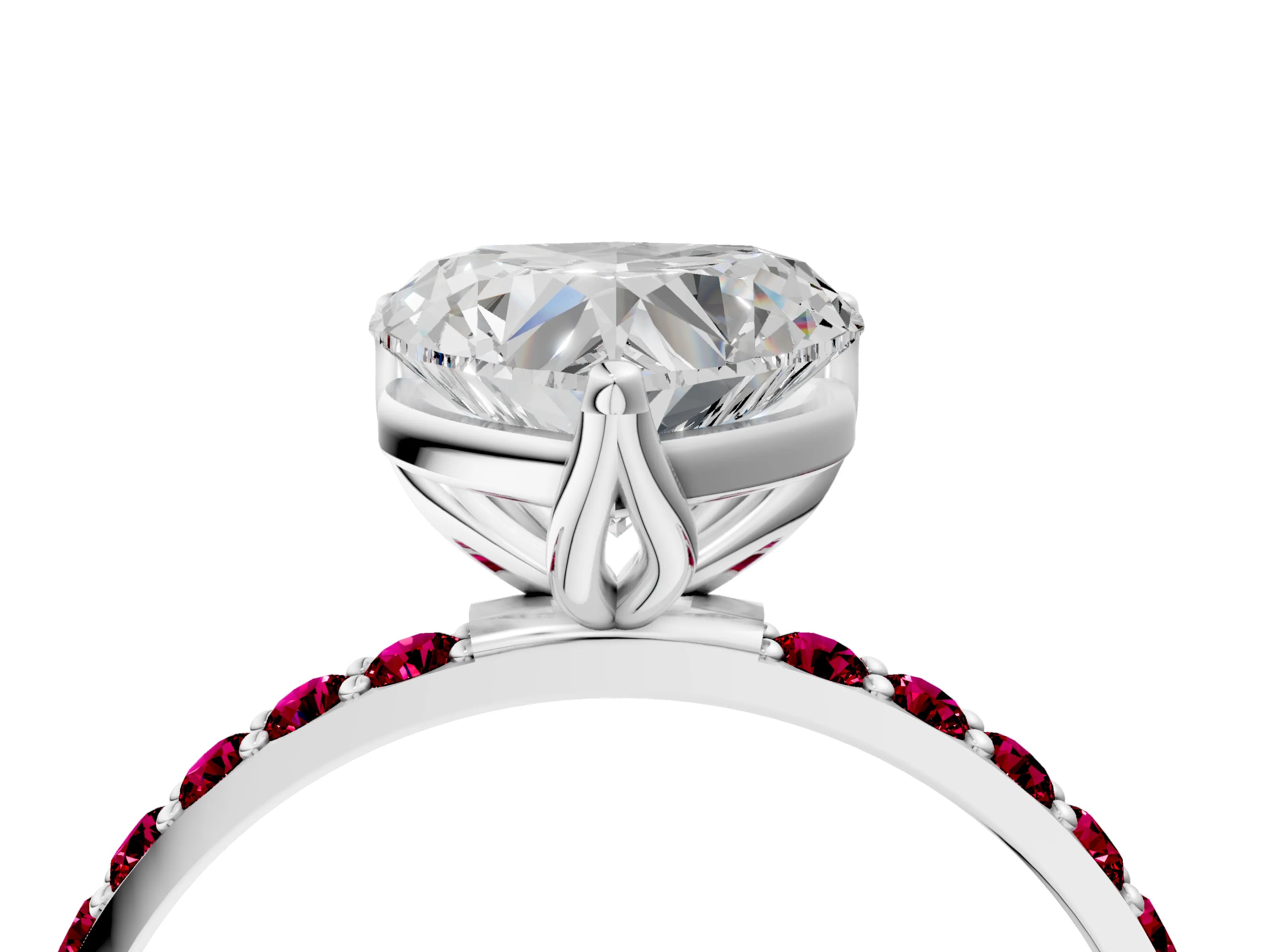 White gold Heart Cut Diamond Solitaire Engagement Ring with Round with Garnet side stone Pavé Band and Prong Setting_16