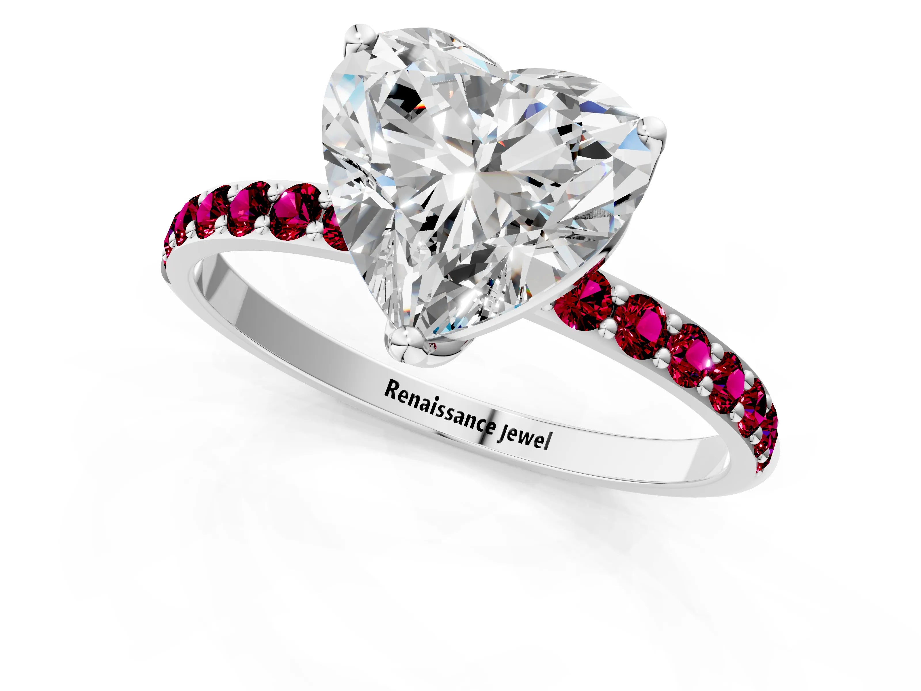 White gold Heart Cut Diamond Solitaire Engagement Ring with Round with Garnet side stone Pavé Band and Prong Setting_25