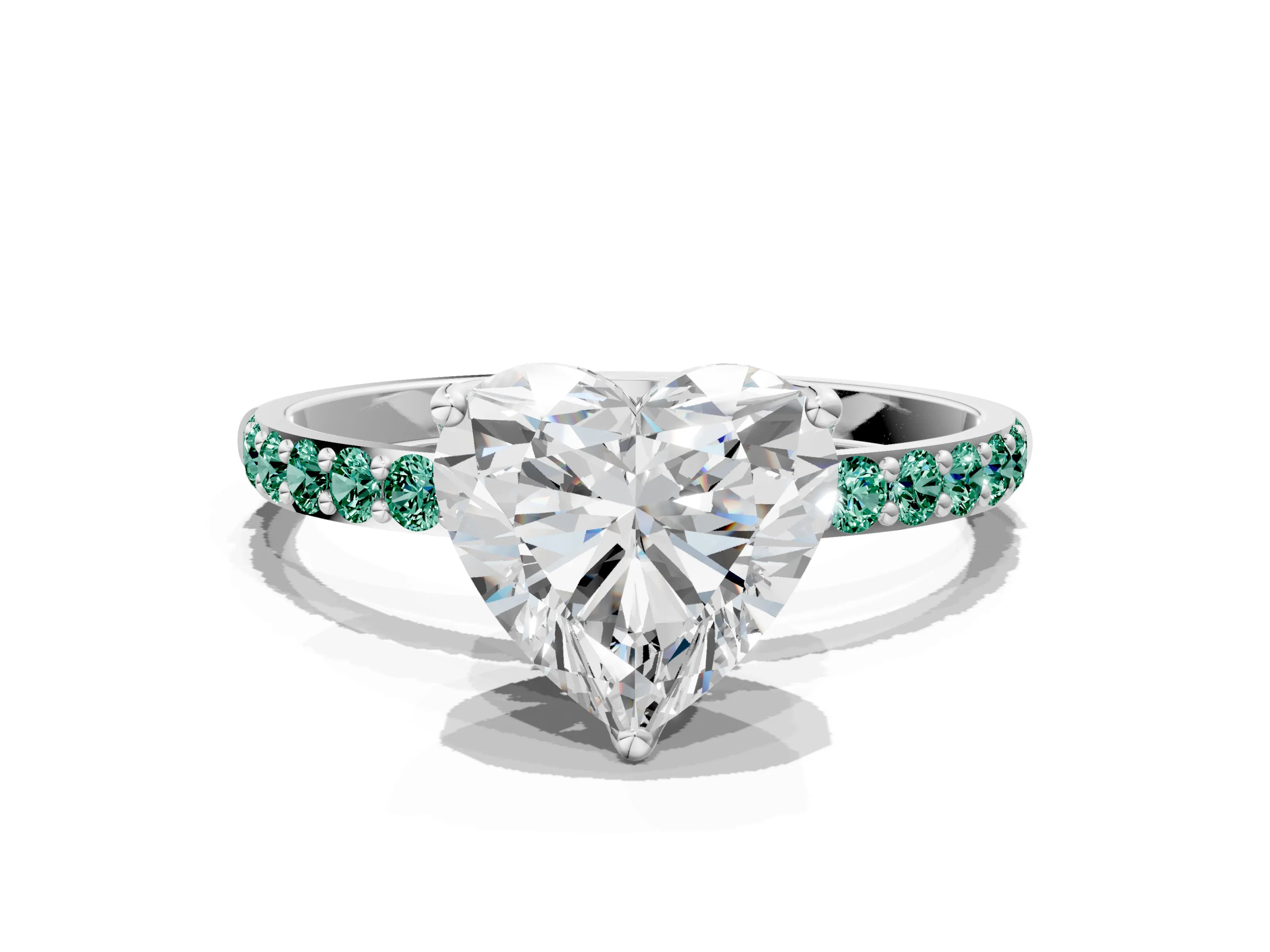 White gold Heart Cut Diamond Solitaire Engagement Ring with Round with Green Sapphire side stone Pavé Band and Prong Setting_12