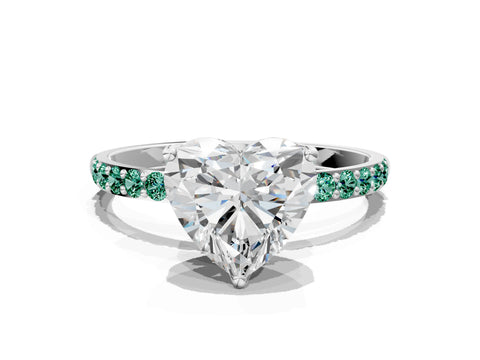 White gold Heart Cut Diamond Solitaire Engagement Ring with Round with Green Sapphire side stone Pavé Band and Prong Setting_12