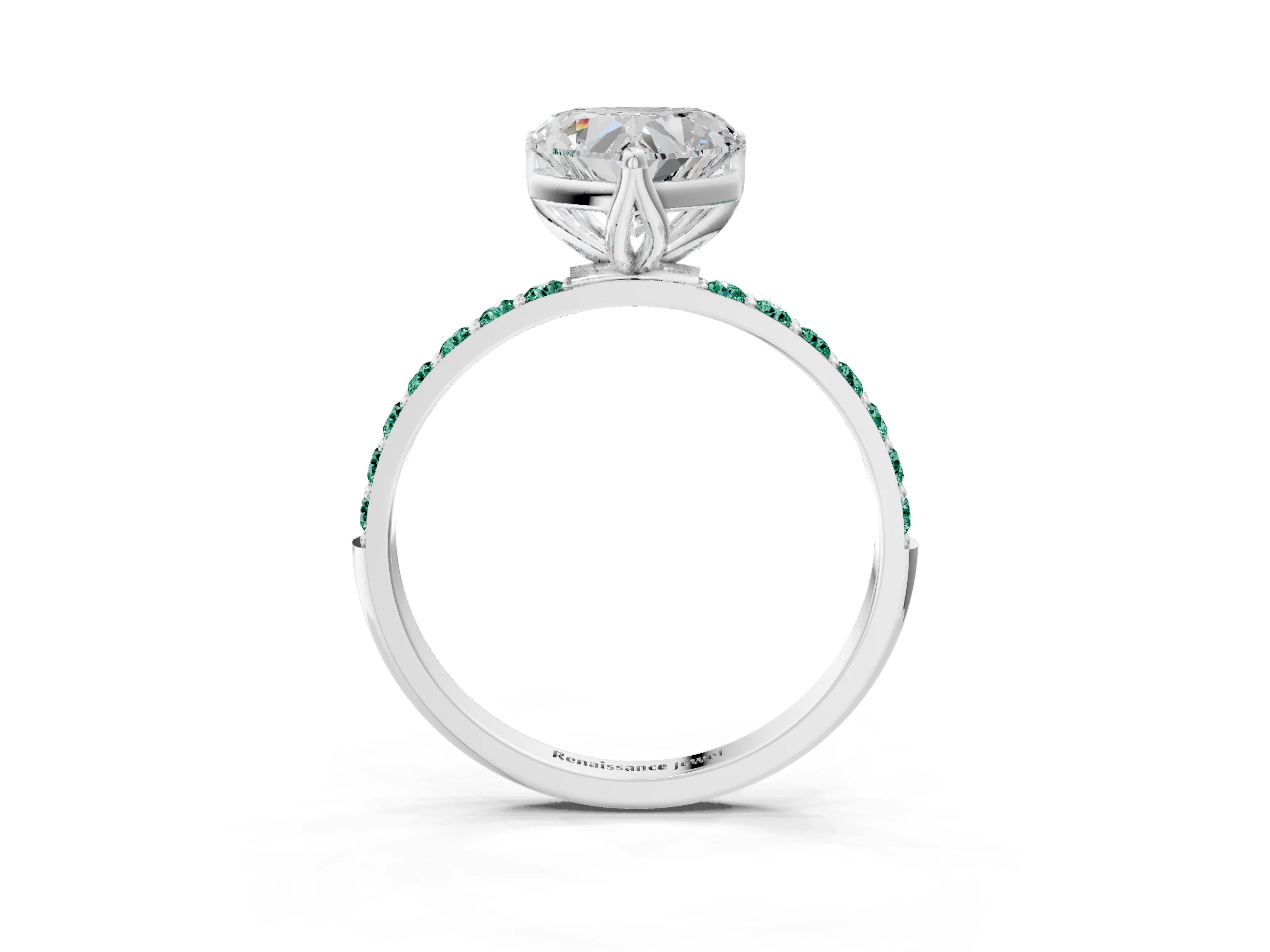 White gold Heart Cut Diamond Solitaire Engagement Ring with Round with Green Sapphire side stone Pavé Band and Prong Setting_15