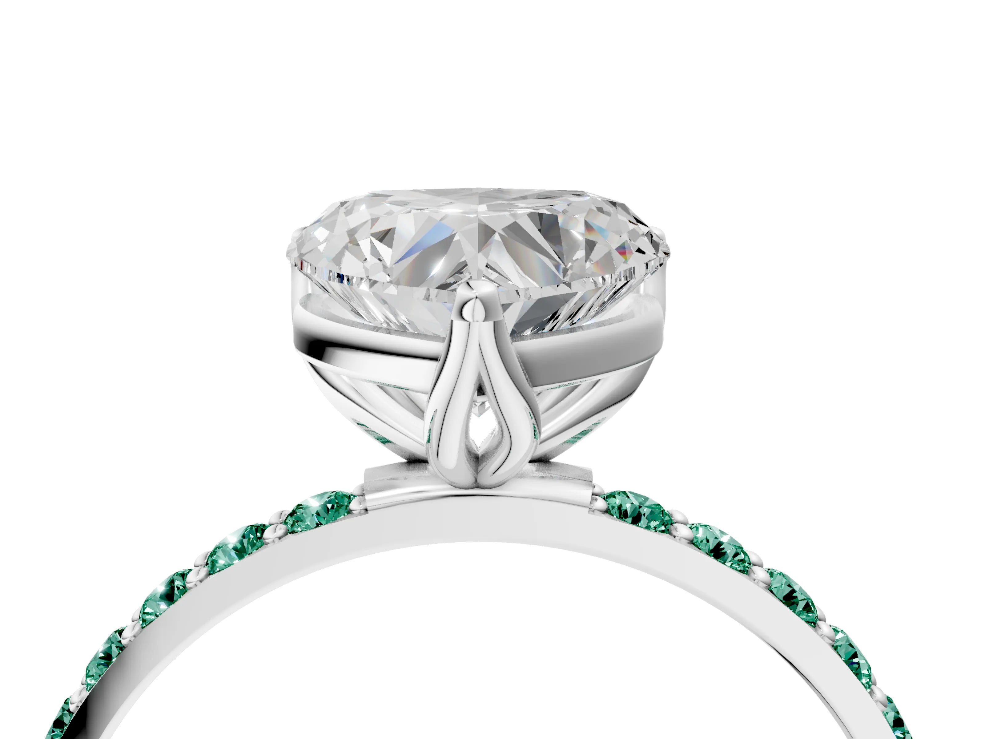 White gold Heart Cut Diamond Solitaire Engagement Ring with Round with Green Sapphire side stone Pavé Band and Prong Setting_16