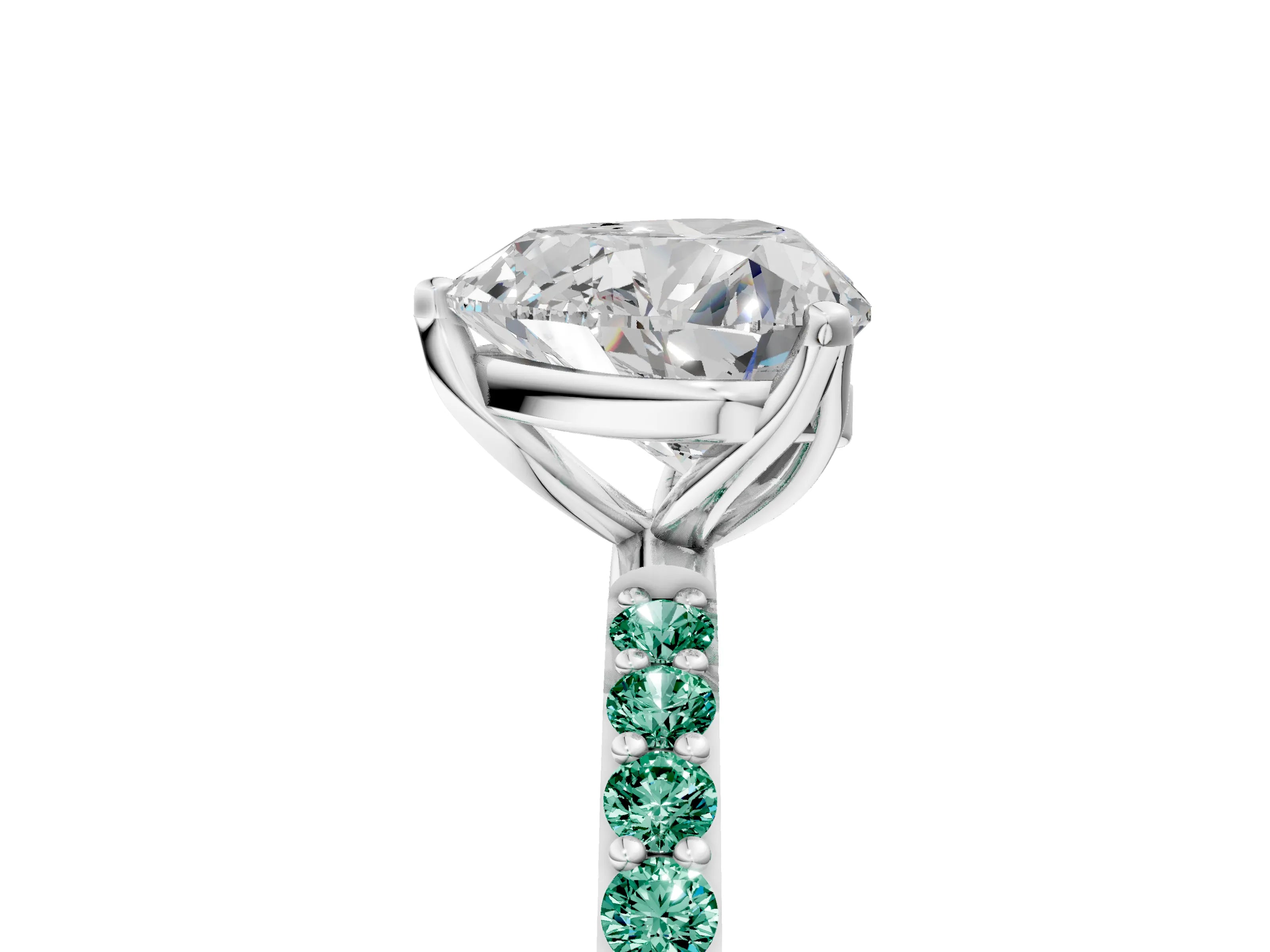 White gold Heart Cut Diamond Solitaire Engagement Ring with Round with Green Sapphire side stone Pavé Band and Prong Setting_17