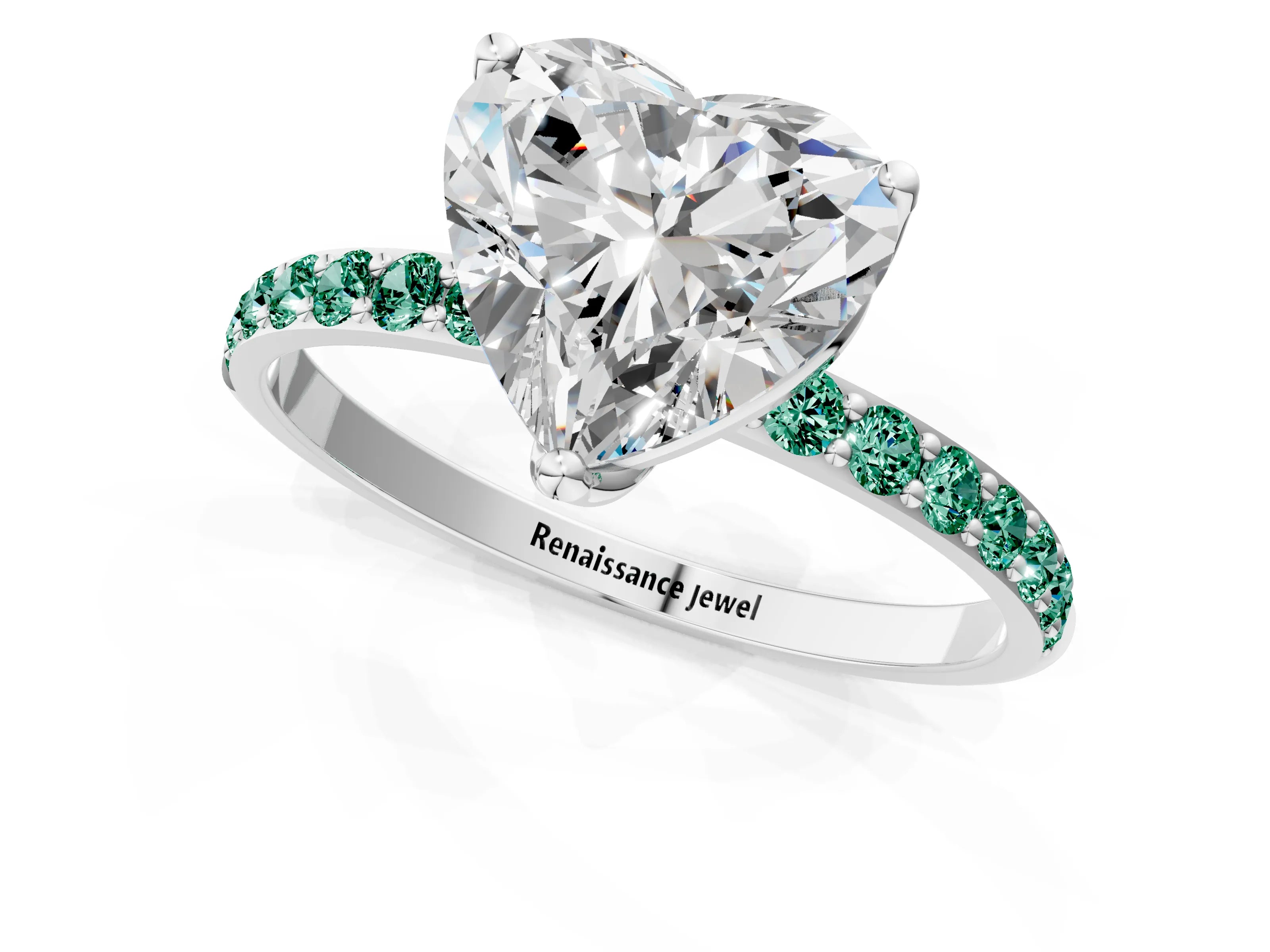 White gold Heart Cut Diamond Solitaire Engagement Ring with Round with Green Sapphire side stone Pavé Band and Prong Setting_25