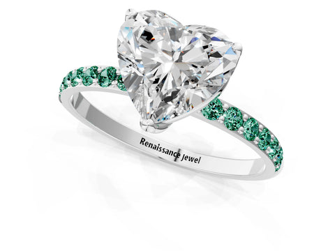 White gold Heart Cut Diamond Solitaire Engagement Ring with Round with Green Sapphire side stone Pavé Band and Prong Setting_25