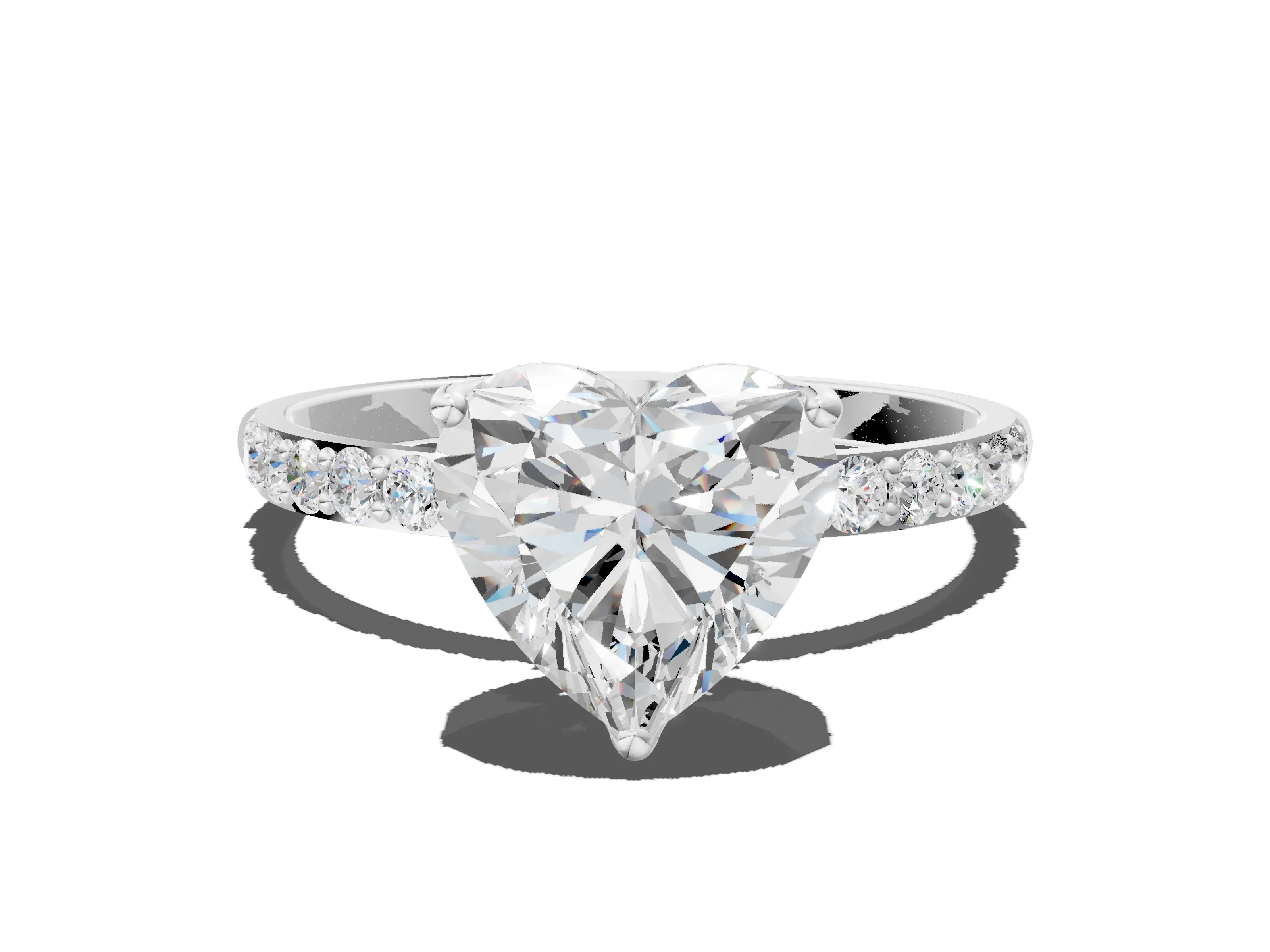 White gold Heart Cut Diamond Solitaire Engagement Ring with Round with Moissanite side stone Pavé Band and Prong Setting_12