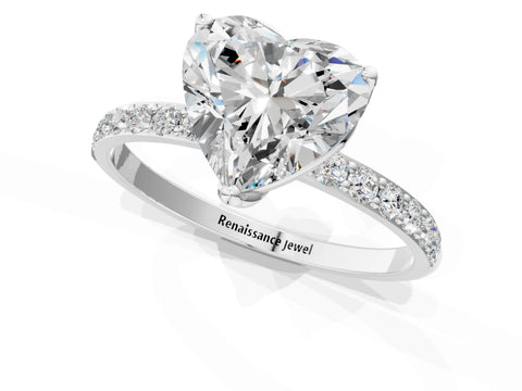 White gold Heart Cut Diamond Solitaire Engagement Ring with Round with Moissanite side stone Pavé Band and Prong Setting_13