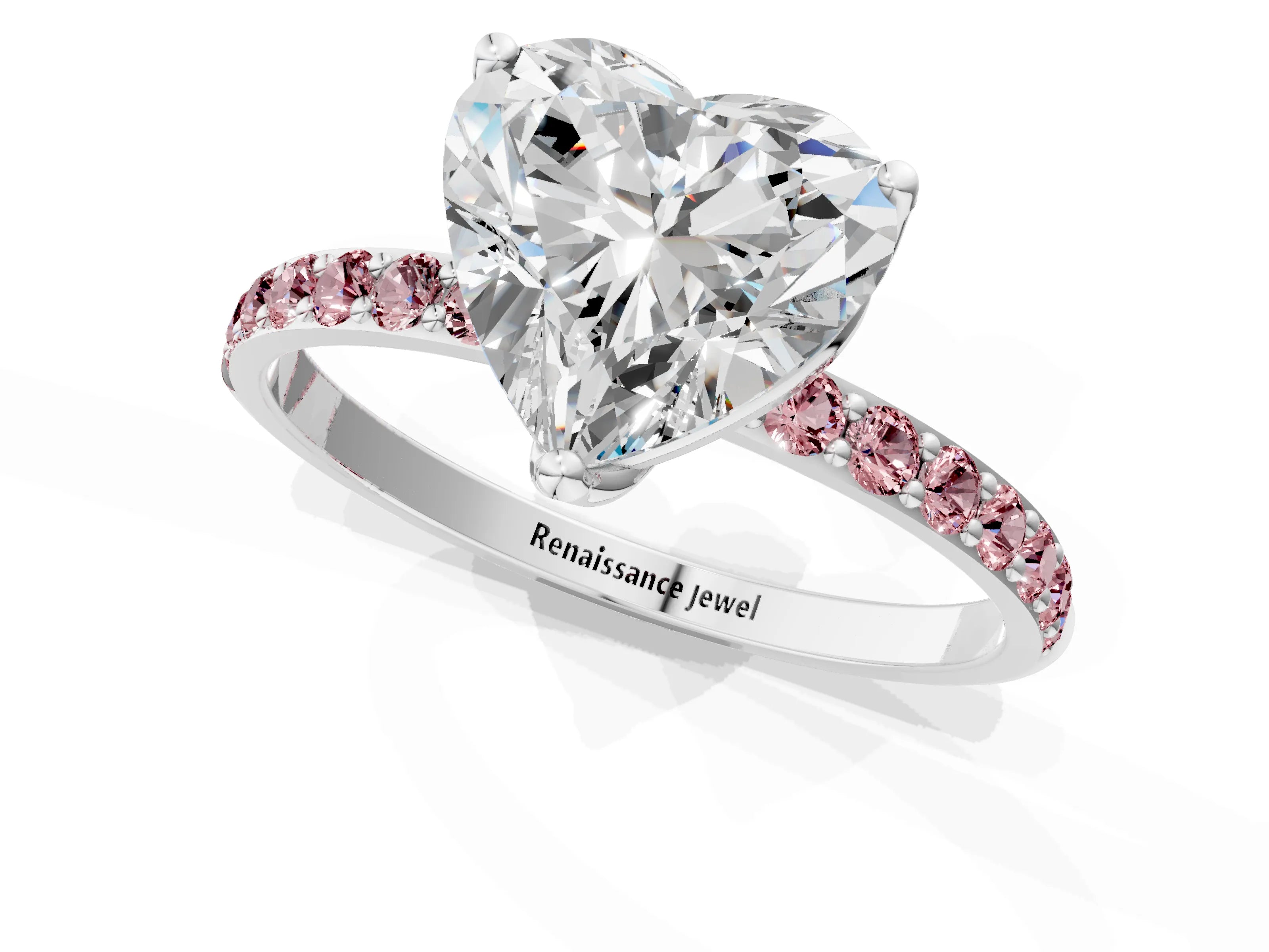 White gold Heart Cut Diamond Solitaire Engagement Ring with Round with Morganite side stone Pavé Band and Prong Setting_13