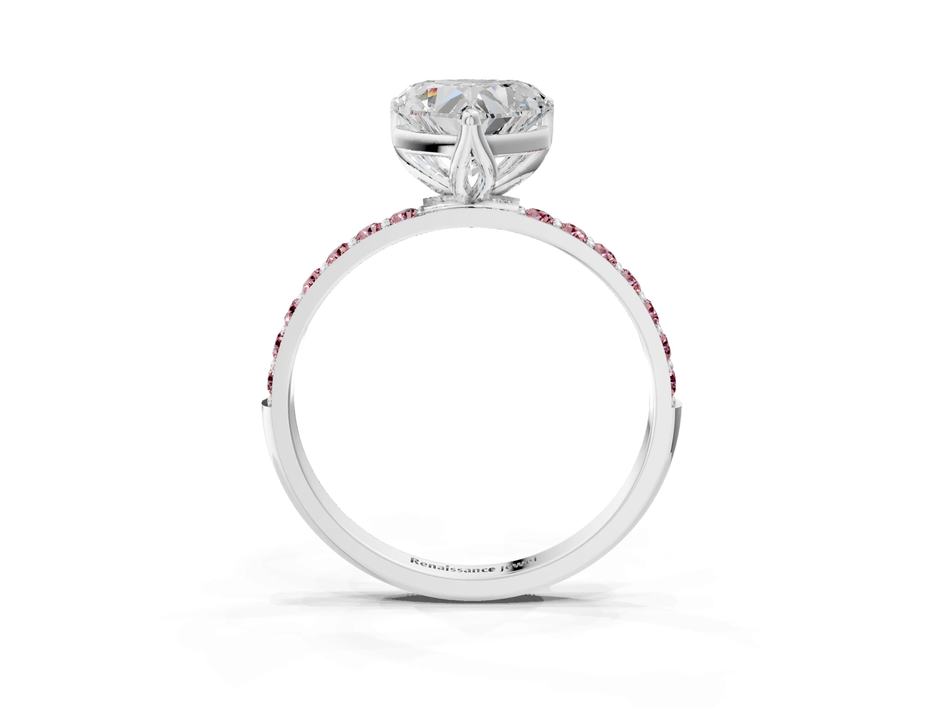 White gold Heart Cut Diamond Solitaire Engagement Ring with Round with Morganite side stone Pavé Band and Prong Setting_15