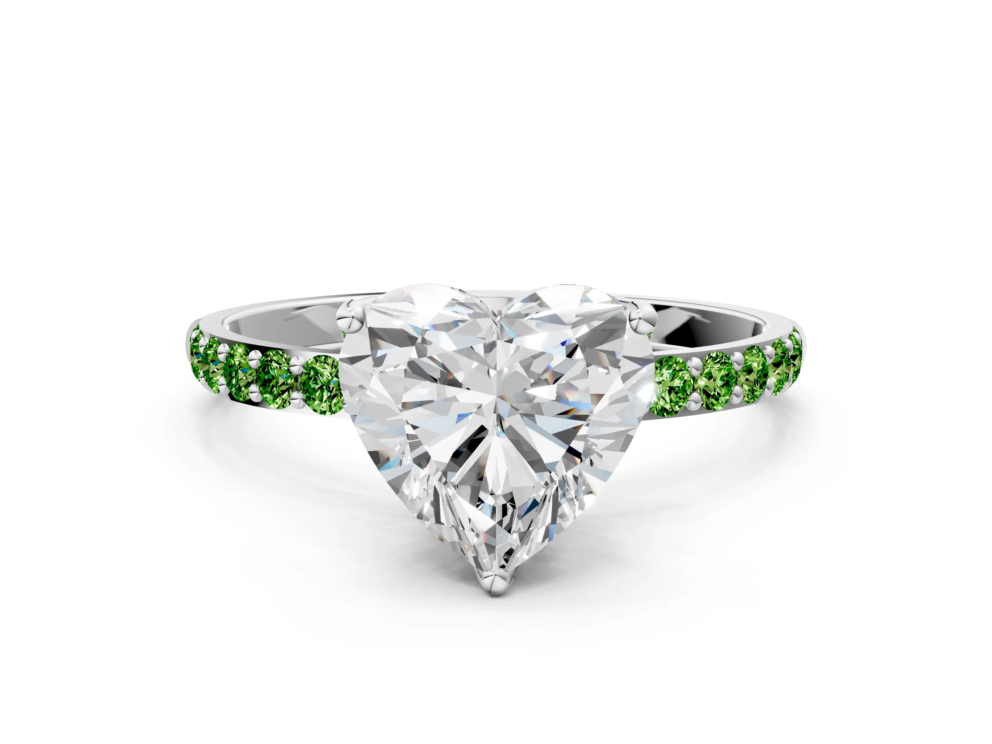 White gold Heart Cut Diamond Solitaire Engagement Ring with Round with Peridot side stone Pavé Band and Prong Setting_12