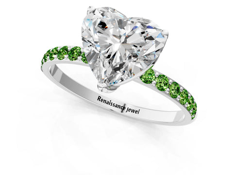 White gold Heart Cut Diamond Solitaire Engagement Ring with Round with Peridot side stone Pavé Band and Prong Setting_13