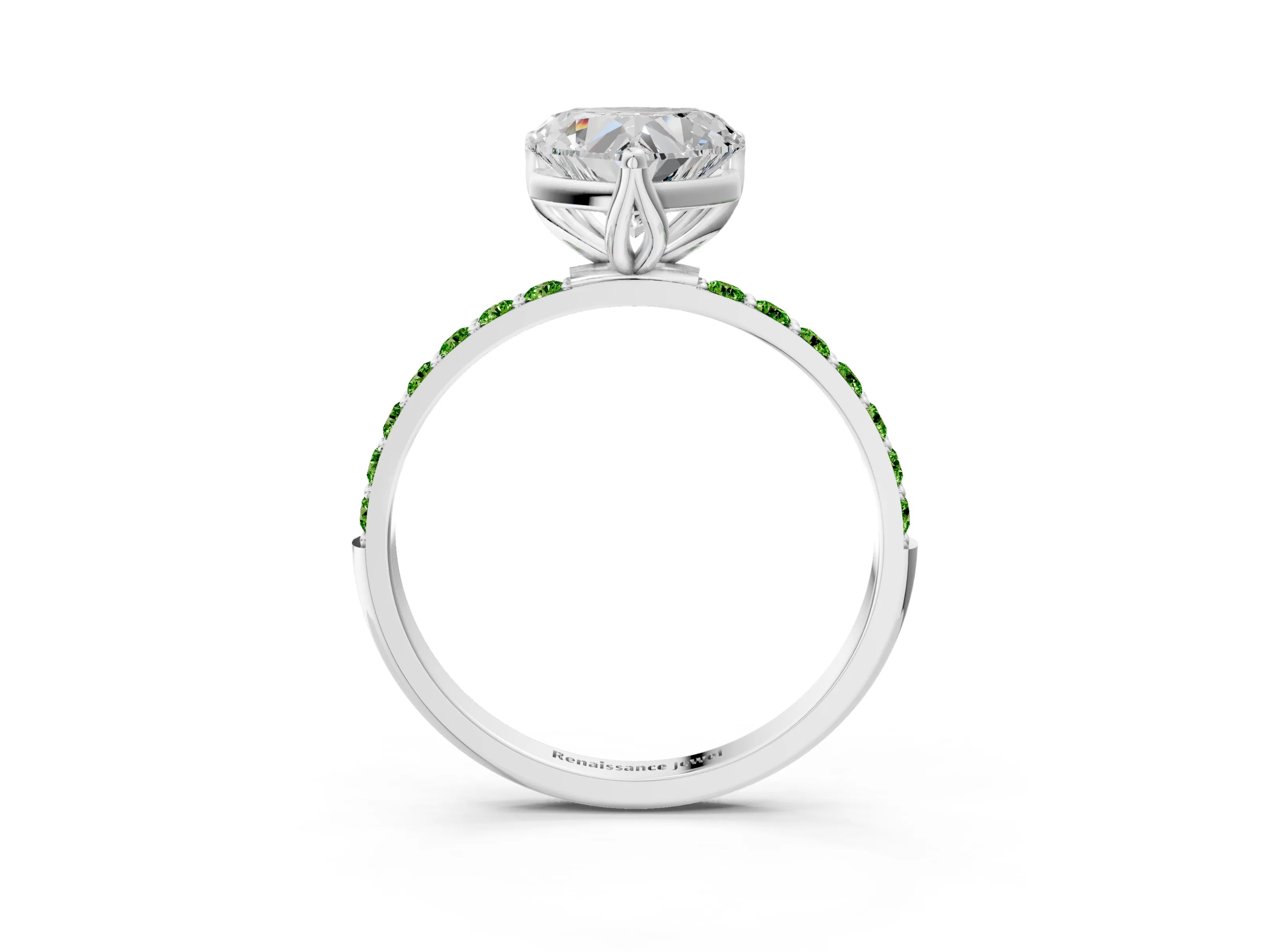 White gold Heart Cut Diamond Solitaire Engagement Ring with Round with Peridot side stone Pavé Band and Prong Setting_3