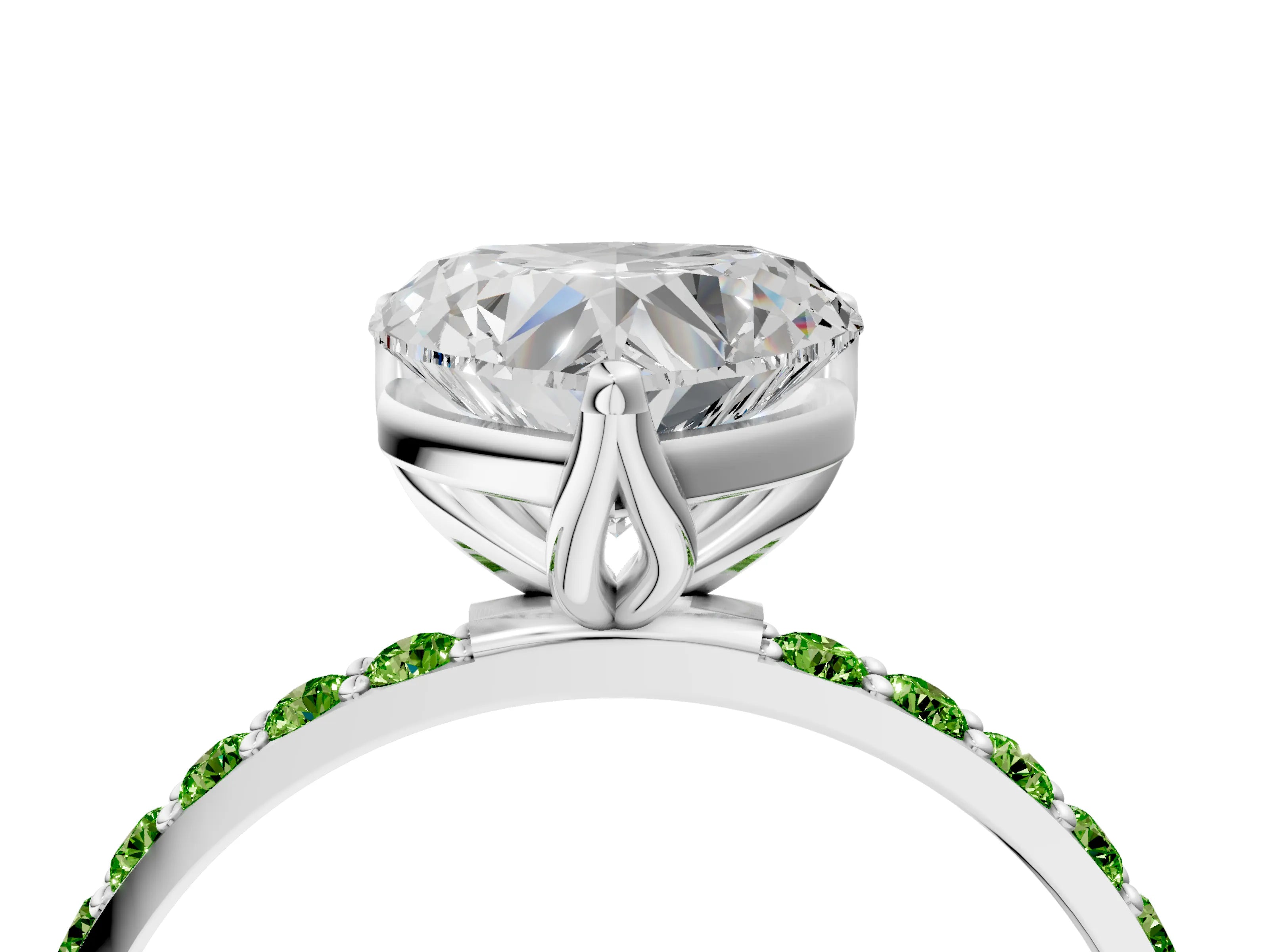 White gold Heart Cut Diamond Solitaire Engagement Ring with Round with Peridot side stone Pavé Band and Prong Setting_4
