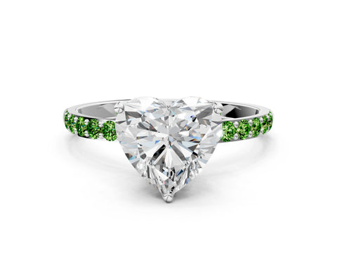 White gold Heart Cut Diamond Solitaire Engagement Ring with Round with Peridot side stone Pavé Band and Prong Setting