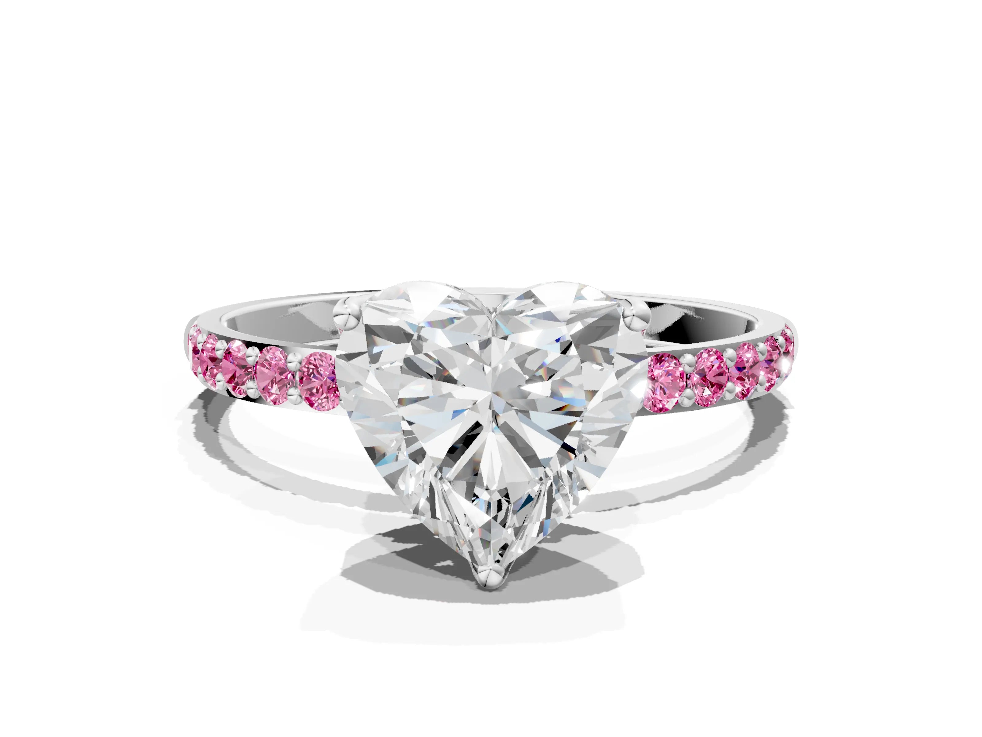 White gold Heart Cut Diamond Solitaire Engagement Ring with Round with Pink Sapphire side stone Pavé Band and Prong Setting_12
