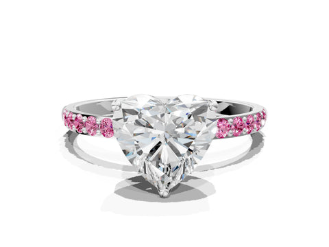 White gold Heart Cut Diamond Solitaire Engagement Ring with Round with Pink Sapphire side stone Pavé Band and Prong Setting_12