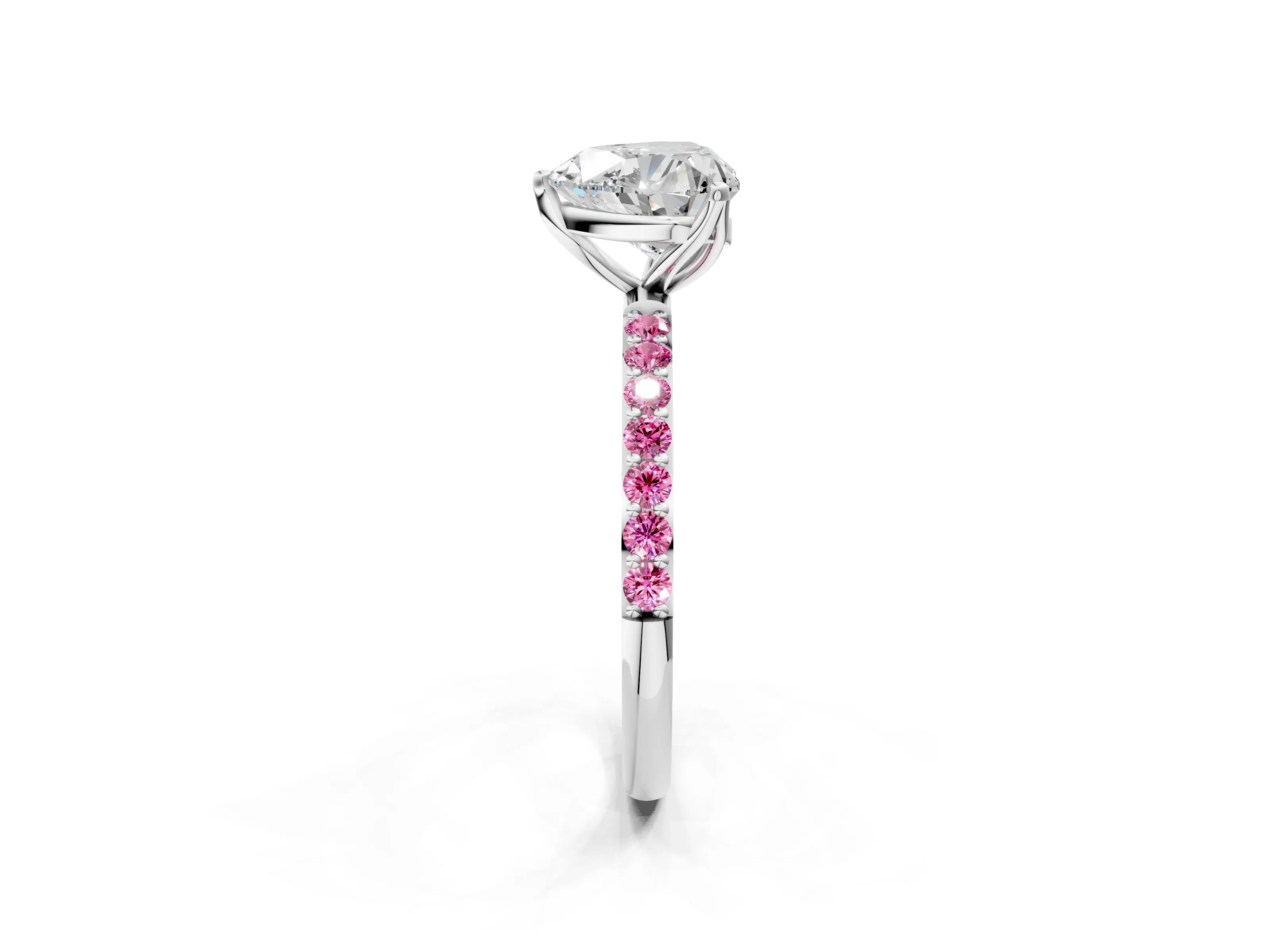 White gold Heart Cut Diamond Solitaire Engagement Ring with Round with Pink Sapphire side stone Pavé Band and Prong Setting_14