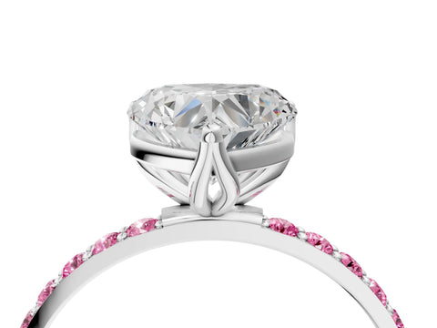 White gold Heart Cut Diamond Solitaire Engagement Ring with Round with Pink Sapphire side stone Pavé Band and Prong Setting_16