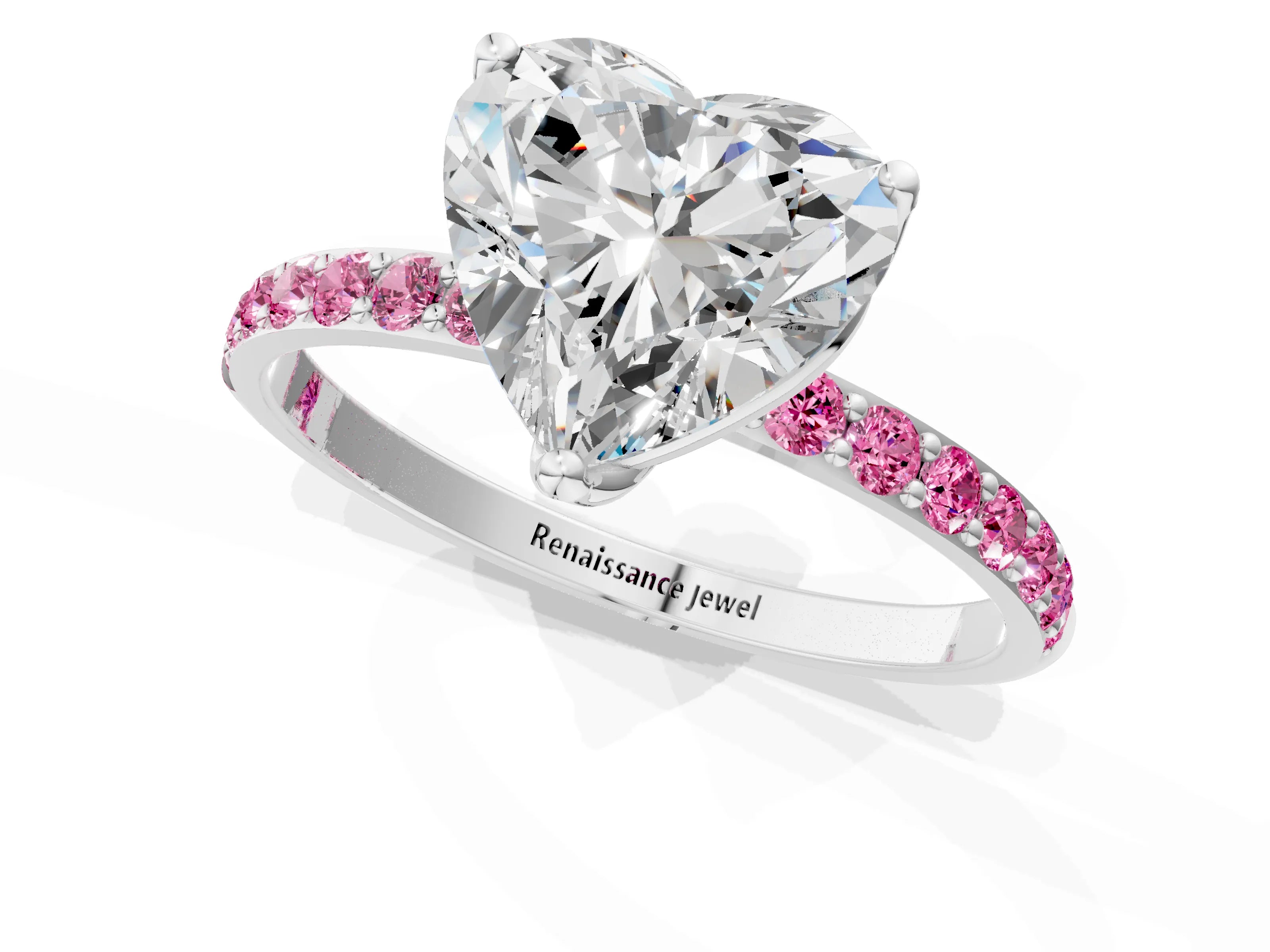 White gold Heart Cut Diamond Solitaire Engagement Ring with Round with Pink Sapphire side stone Pavé Band and Prong Setting_25