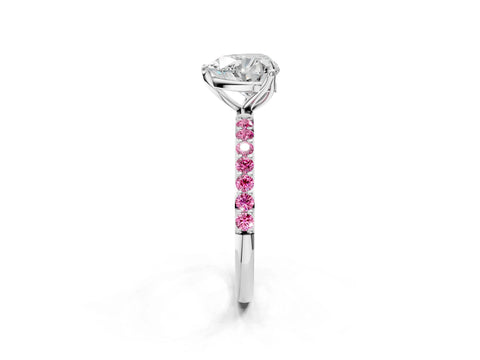 White gold Heart Cut Diamond Solitaire Engagement Ring with Round with Pink Sapphire side stone Pavé Band and Prong Setting_26