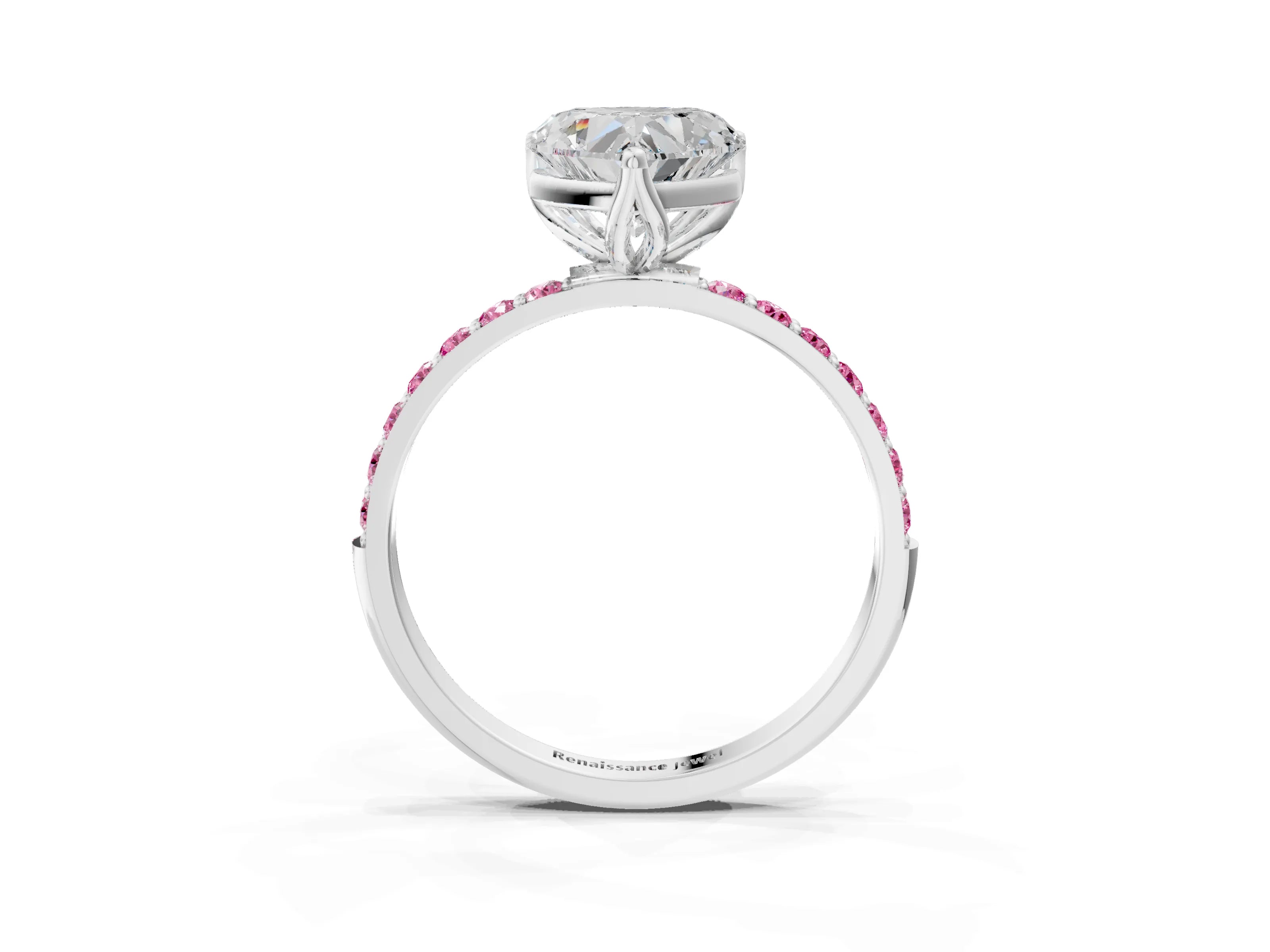White gold Heart Cut Diamond Solitaire Engagement Ring with Round with Pink Sapphire side stone Pavé Band and Prong Setting_27