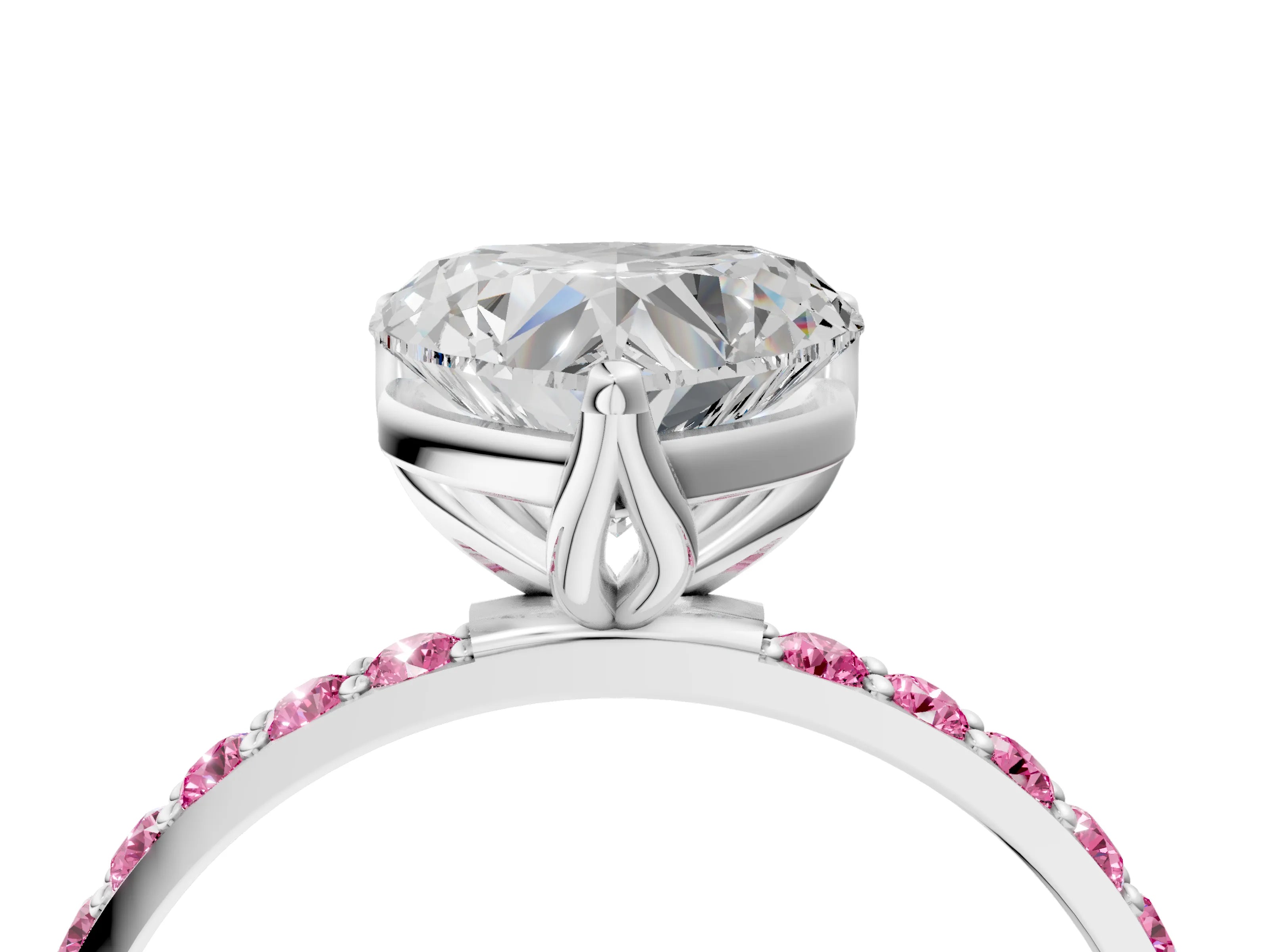 White gold Heart Cut Diamond Solitaire Engagement Ring with Round with Pink Sapphire side stone Pavé Band and Prong Setting_28