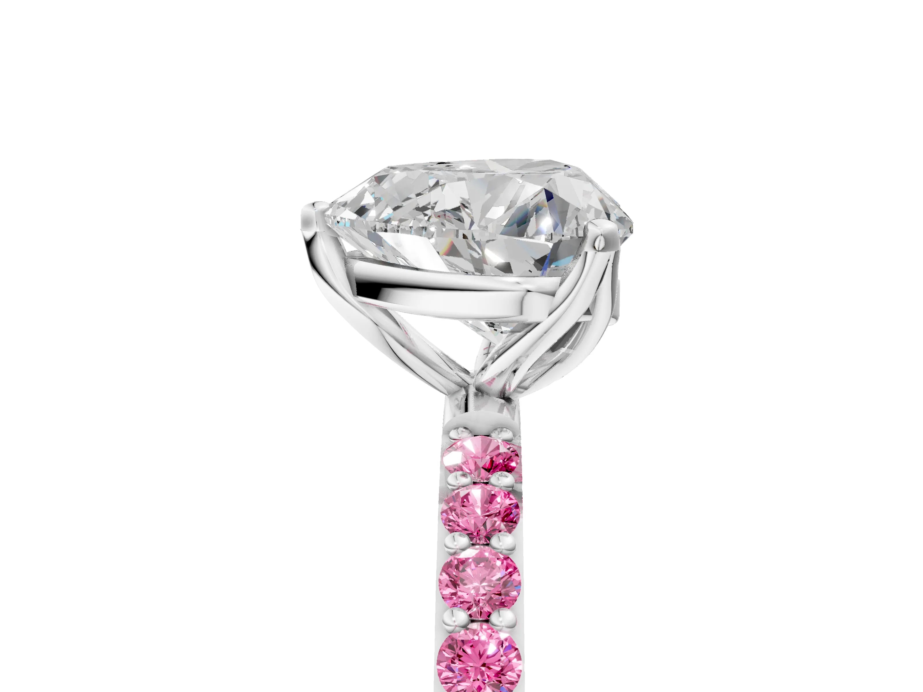 White gold Heart Cut Diamond Solitaire Engagement Ring with Round with Pink Sapphire side stone Pavé Band and Prong Setting_29