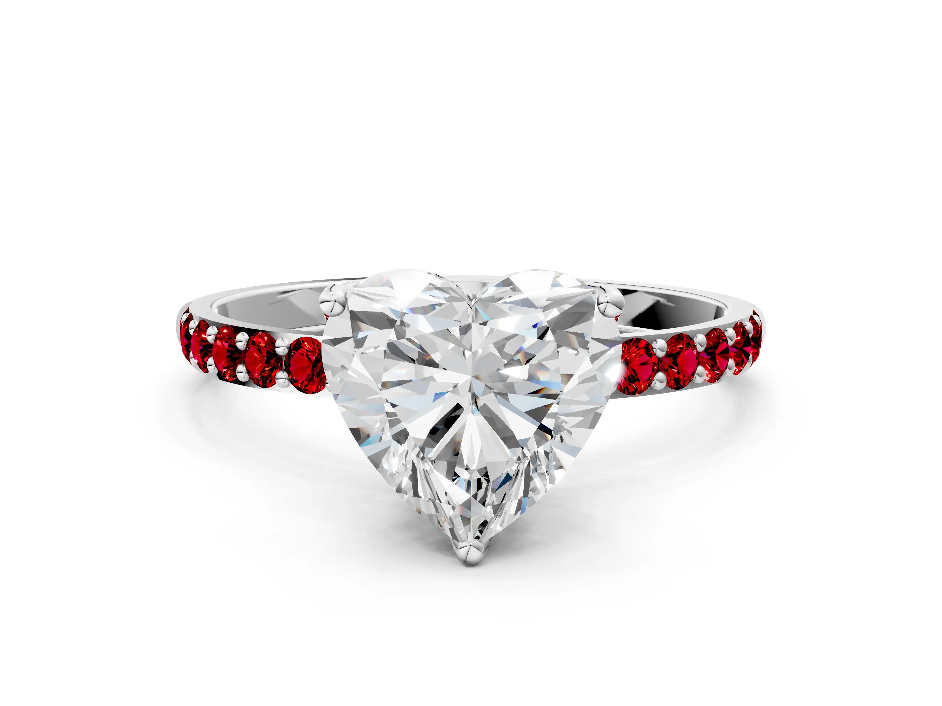 White gold Heart Cut Diamond Solitaire Engagement Ring with Round with Ruby side stone Pavé Band and Prong Setting_12
