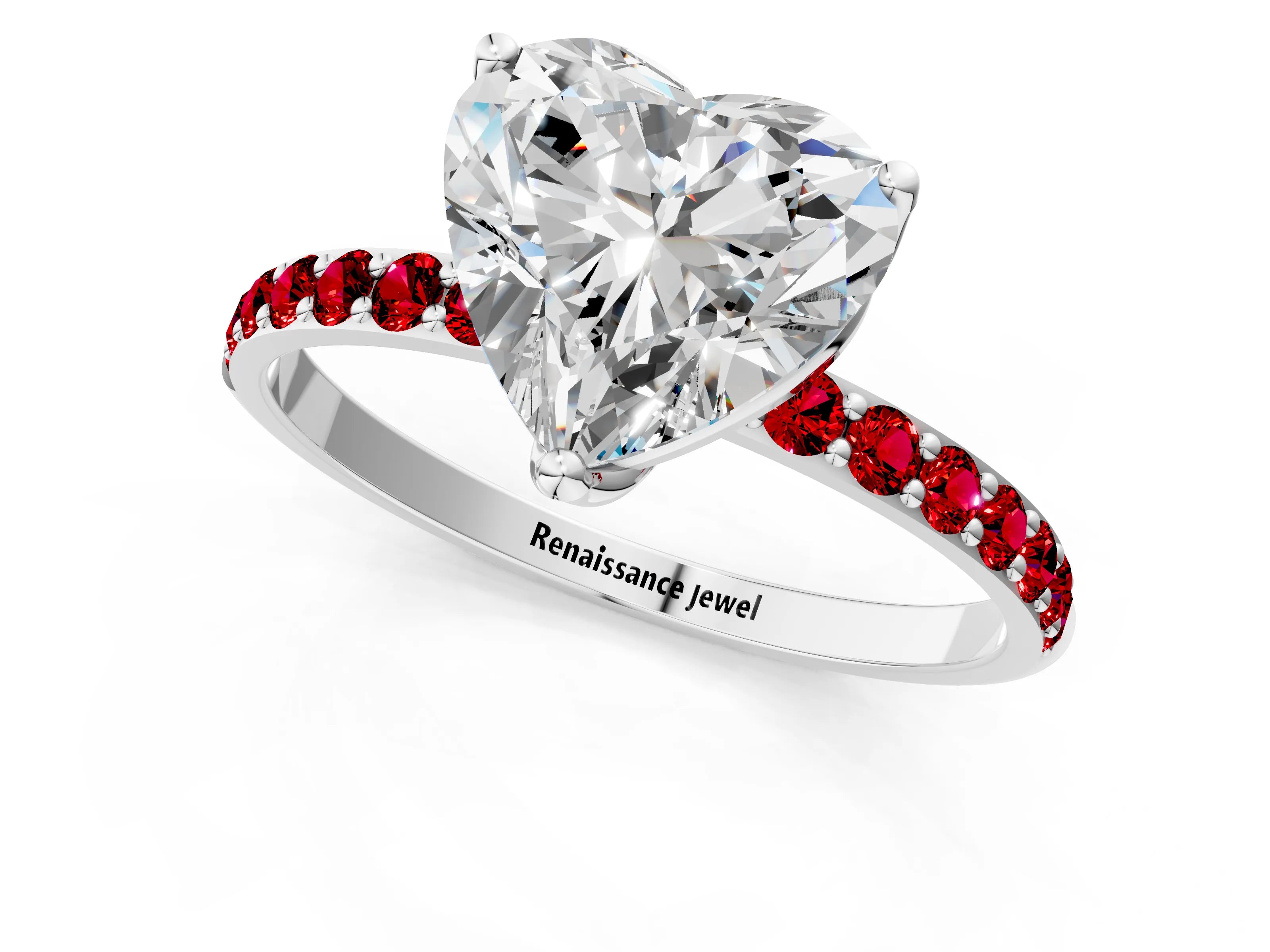 White gold Heart Cut Diamond Solitaire Engagement Ring with Round with Ruby side stone Pavé Band and Prong Setting_13