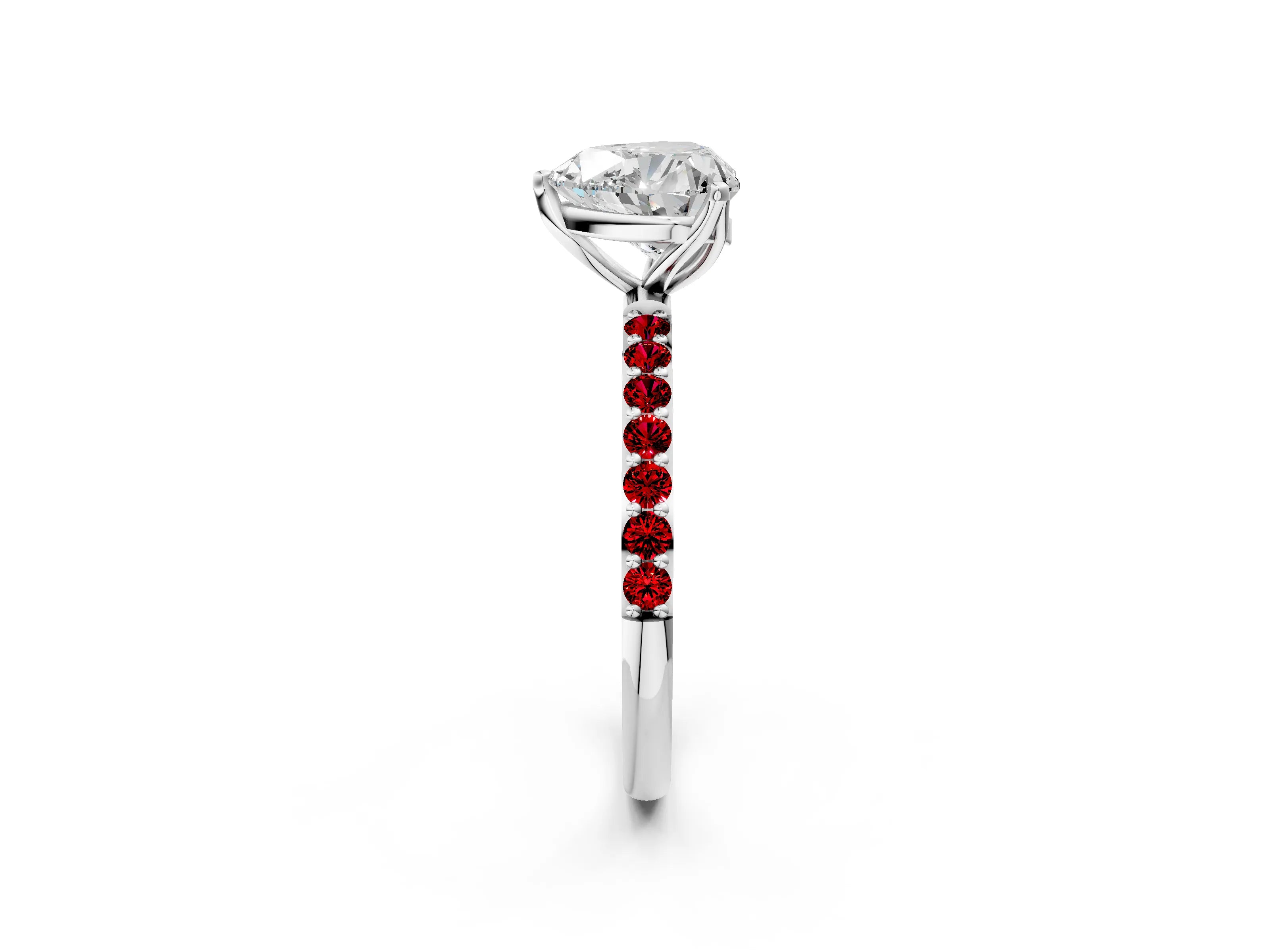 White gold Heart Cut Diamond Solitaire Engagement Ring with Round with Ruby side stone Pavé Band and Prong Setting_14