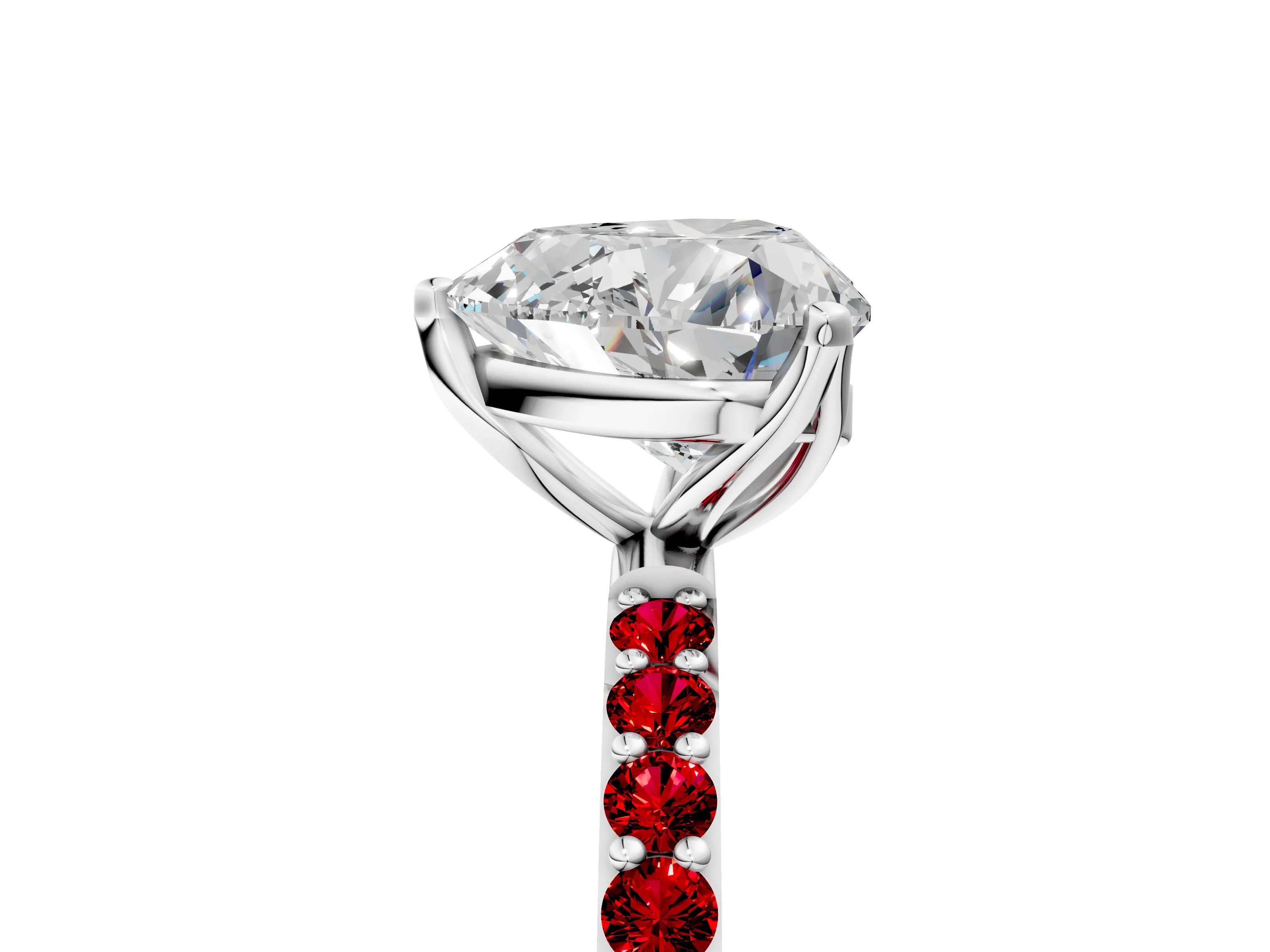 White gold Heart Cut Diamond Solitaire Engagement Ring with Round with Ruby side stone Pavé Band and Prong Setting_17