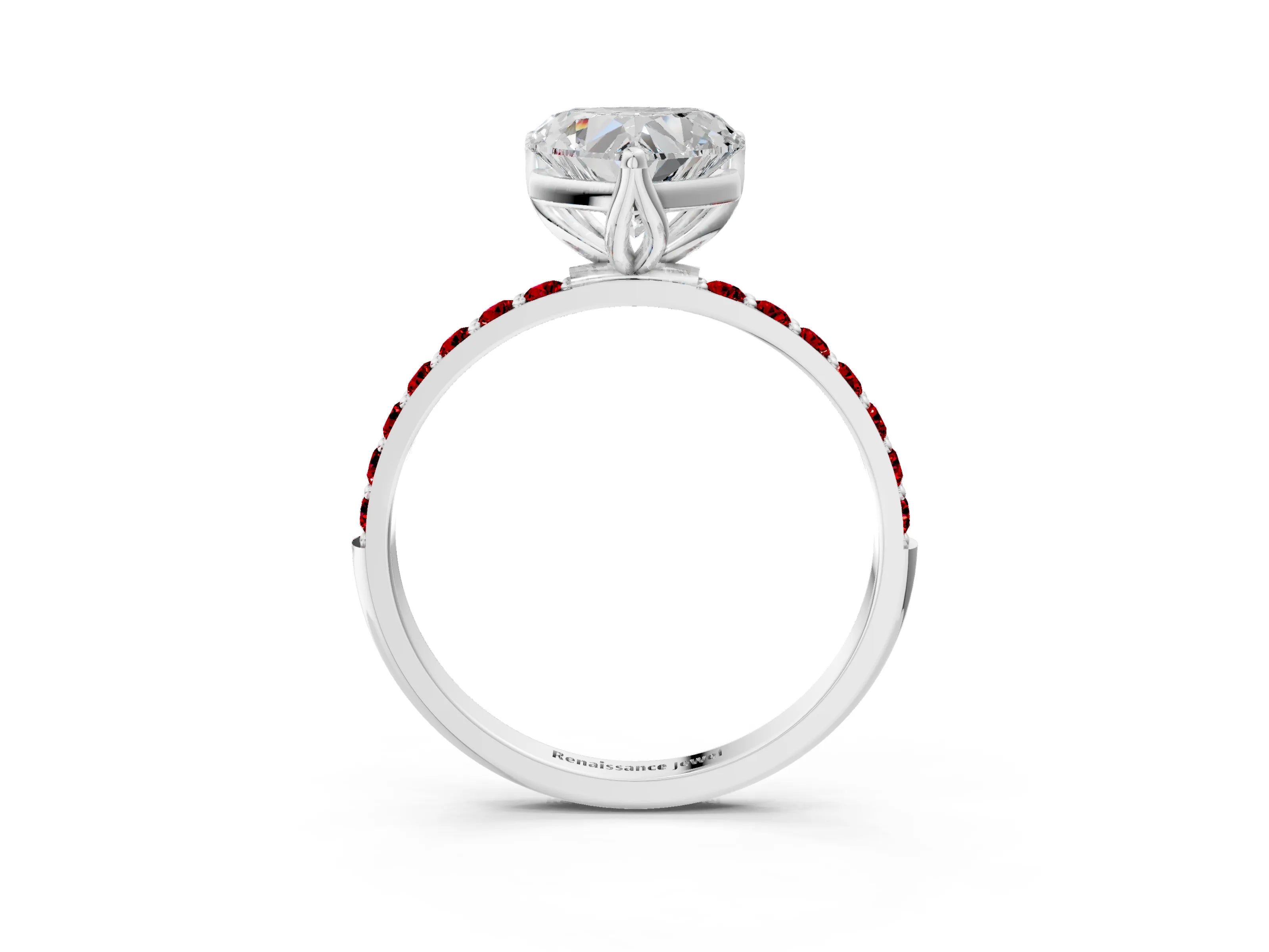 White gold Heart Cut Diamond Solitaire Engagement Ring with Round with Ruby side stone Pavé Band and Prong Setting_27
