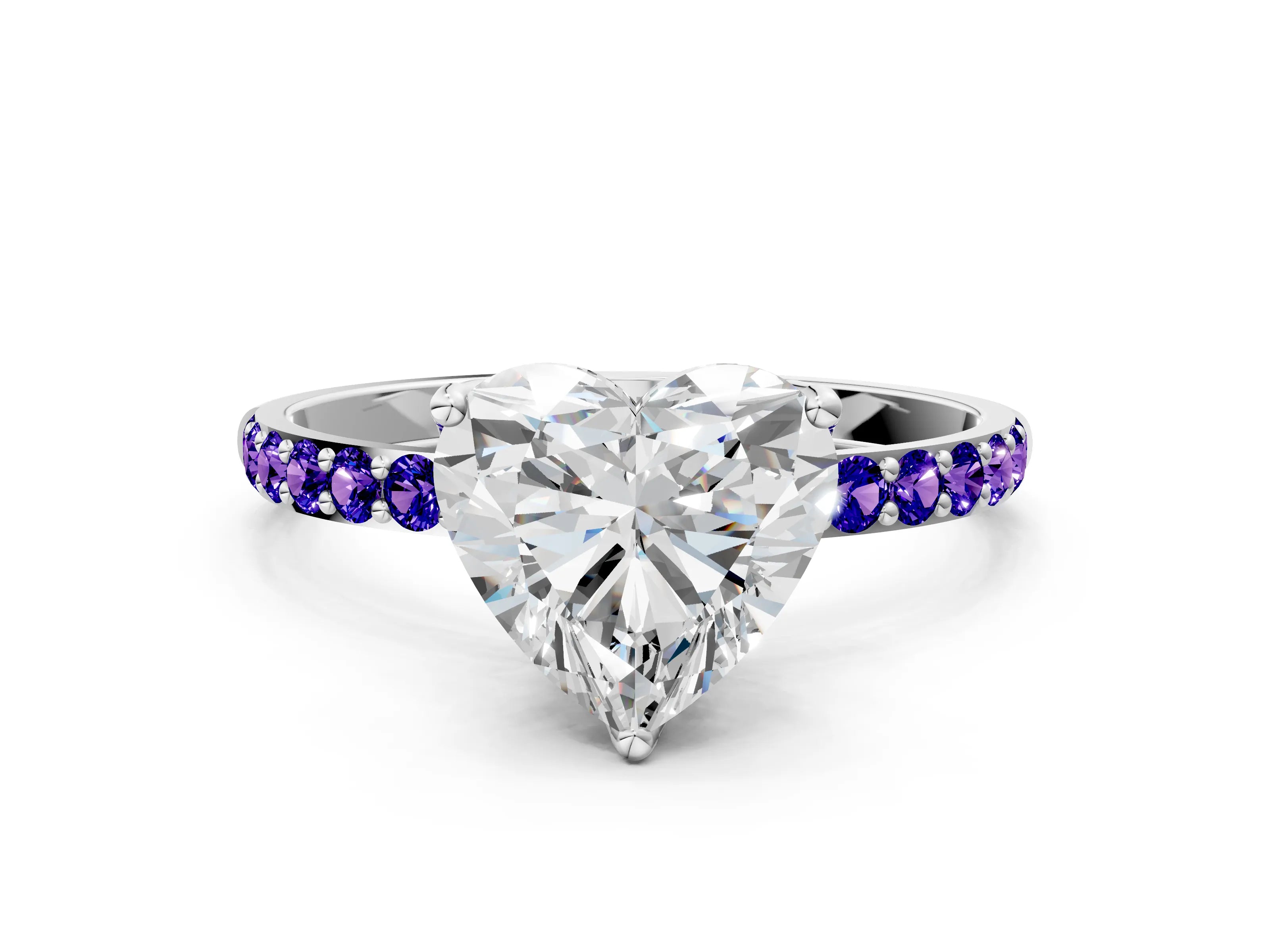 White gold Heart Cut Diamond Solitaire Engagement Ring with Round with Tanzanite side stone Pavé Band and Prong Setting