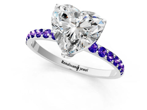 White gold Heart Cut Diamond Solitaire Engagement Ring with Round with Tanzanite side stone Pavé Band and Prong Setting_13