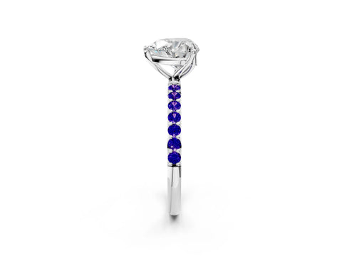 White gold Heart Cut Diamond Solitaire Engagement Ring with Round with Tanzanite side stone Pavé Band and Prong Setting_2
