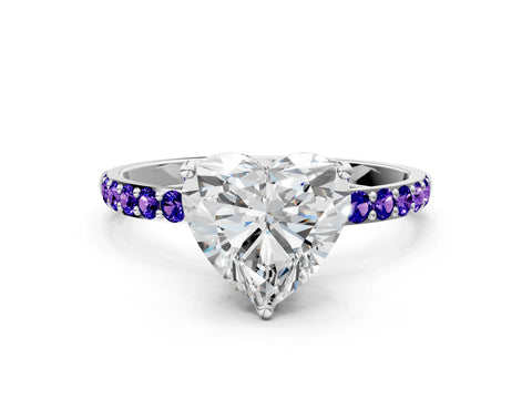 White gold Heart Cut Diamond Solitaire Engagement Ring with Round with Tanzanite side stone Pavé Band and Prong Setting