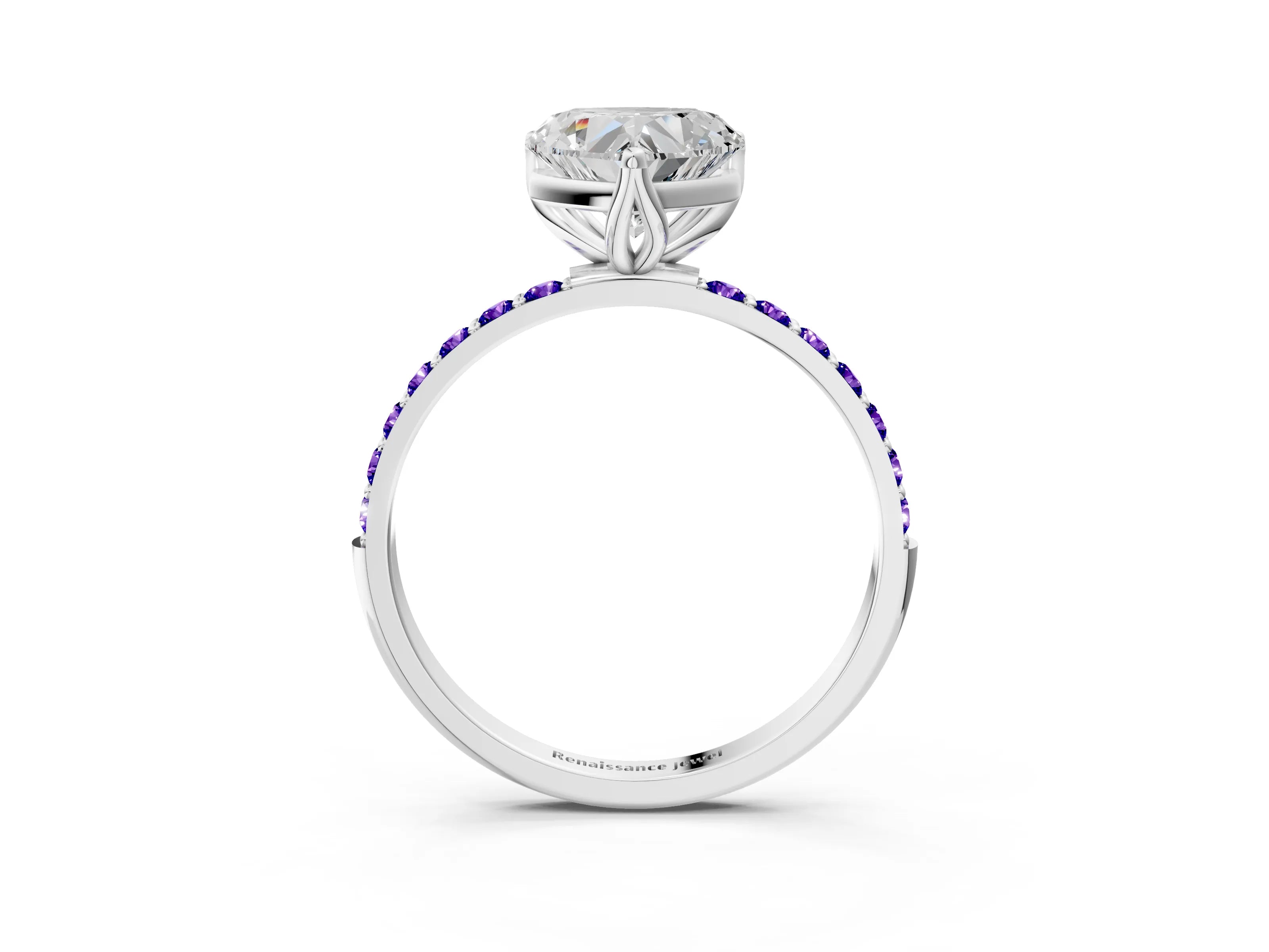 White gold Heart Cut Diamond Solitaire Engagement Ring with Round with Tanzanite side stone Pavé Band and Prong Setting_3