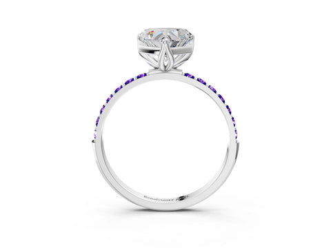 White gold Heart Cut Diamond Solitaire Engagement Ring with Round with Tanzanite side stone Pavé Band and Prong Setting_3