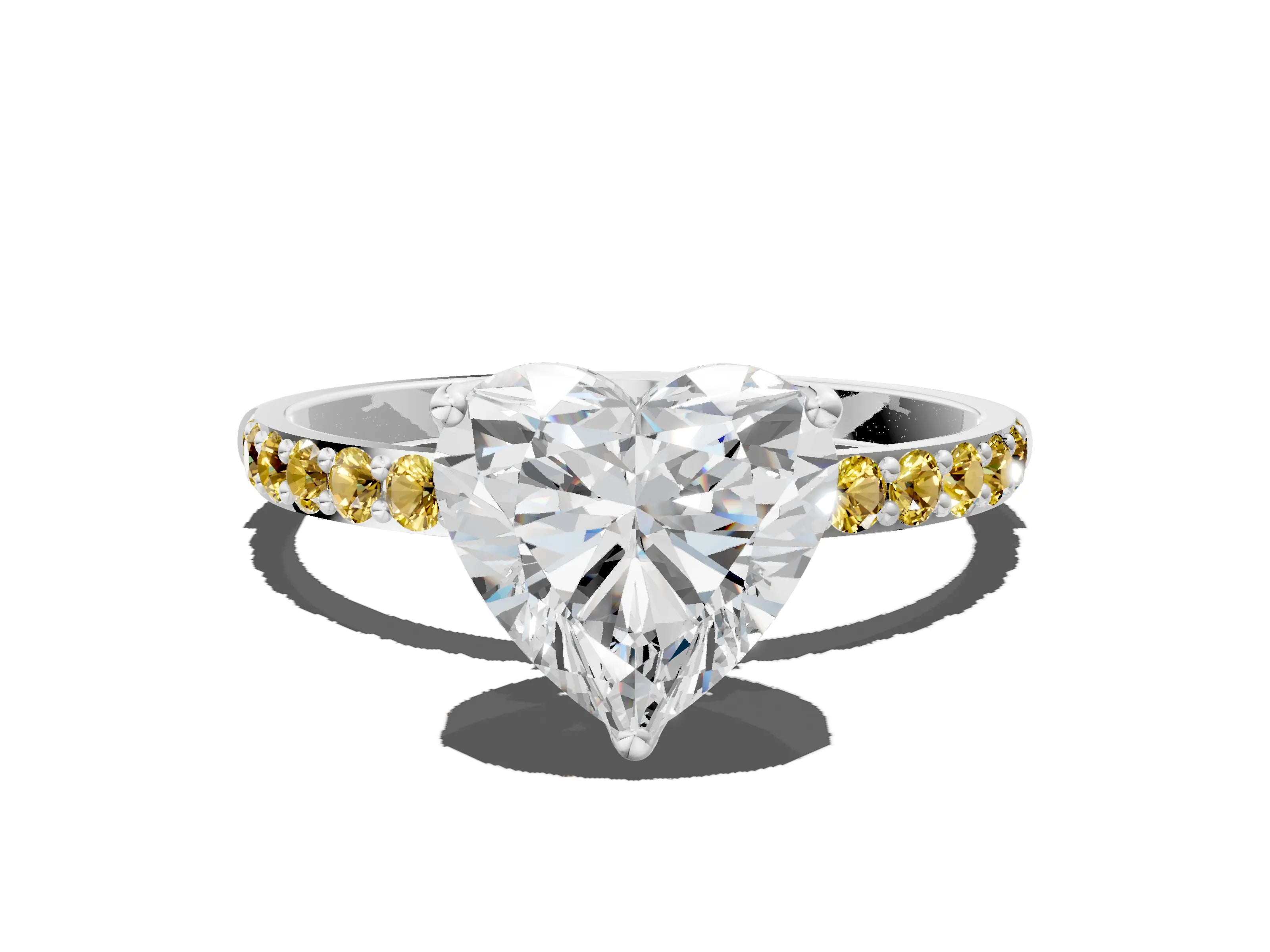 White gold Heart Cut Diamond Solitaire Engagement Ring with Round with Yellow Sapphire side stone Pavé Band and Prong Setting_12