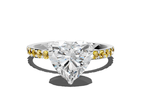 White gold Heart Cut Diamond Solitaire Engagement Ring with Round with Yellow Sapphire side stone Pavé Band and Prong Setting_12