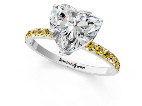 White gold Heart Cut Diamond Solitaire Engagement Ring with Round with Yellow Sapphire side stone Pavé Band and Prong Setting_13