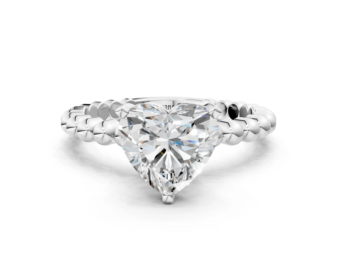 White gold Heart Cut Diamond Solitaire Ring with Beaded Band and Prong Setting_352