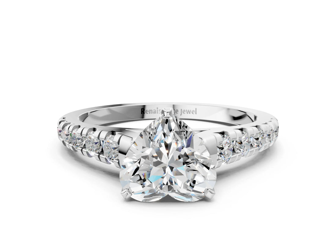 White gold Heart Cut Diamond Solitaire Ring with Cathedral Setting and Pavé Band_150