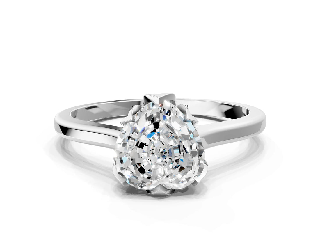 White gold Heart Cut Diamond Solitaire Ring with Flower Prong Setting and Classic Band_346