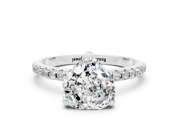 Platinum Heart Cut Moissanite Hidden Halo Engagement Ring with Round Pavé Band and Prong Setting