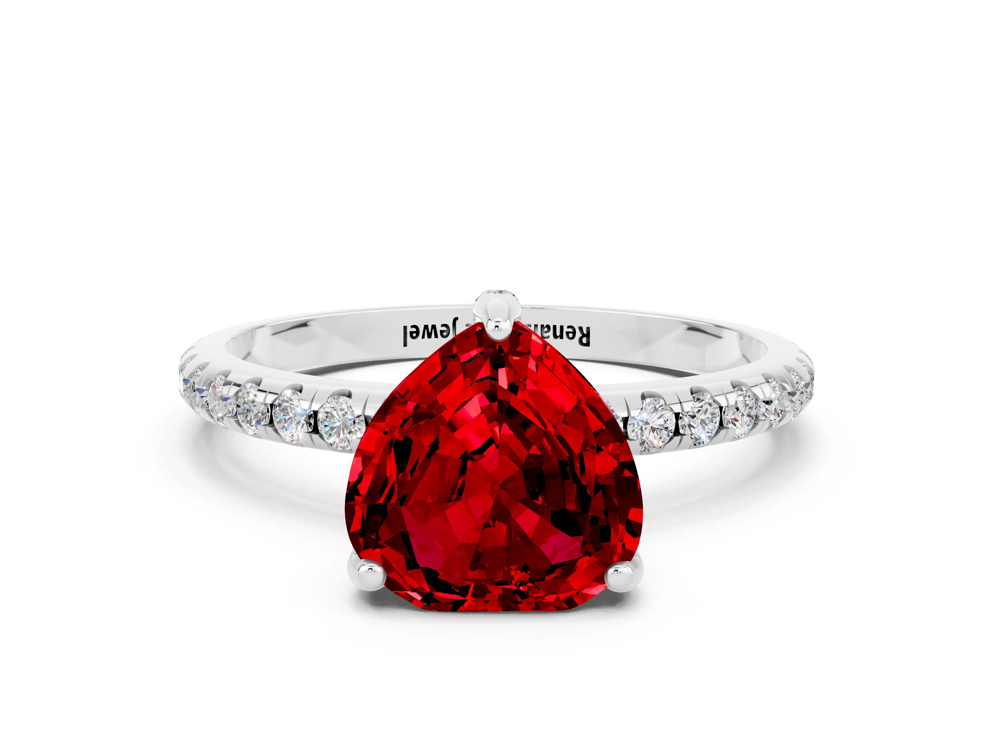 White gold Heart Cut Diamond Solitaire Ring with Four-Prong Setting and Pavé Band