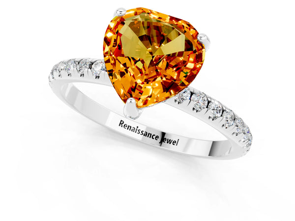 Silver Heart Cut Citrine Hidden Halo Engagement Ring with Round Pavé Band and Prong Setting
