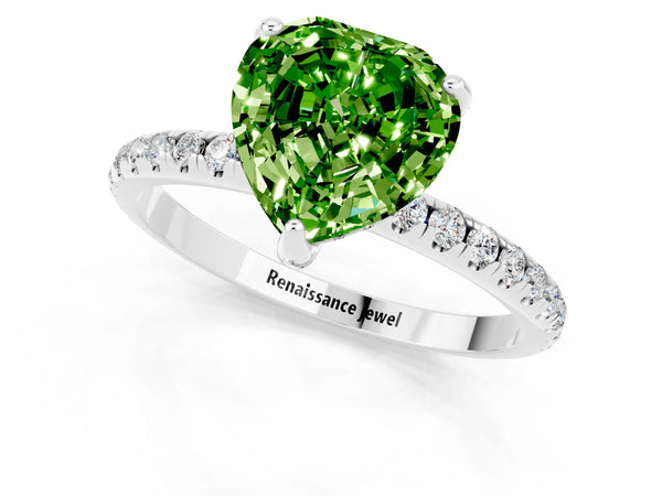 Platinum Heart Cut Diamond Solitaire Ring with Four-Prong Setting and Pavé Band